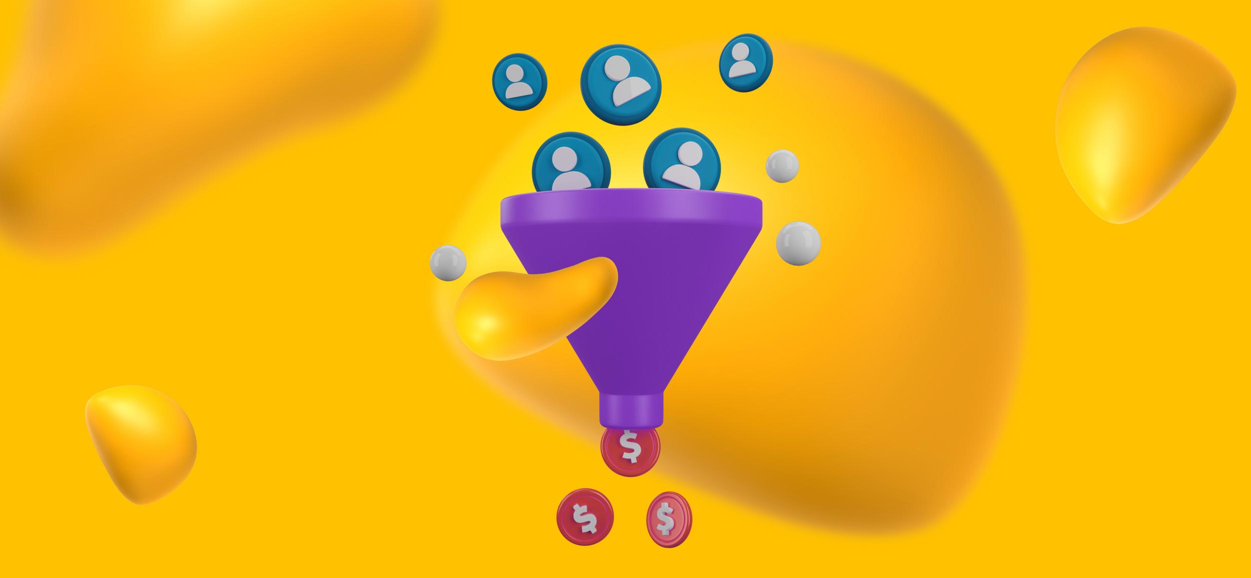 A purple funnel with blue profile pic tokens flowing in and money flowing out. Your landing page design should make it easy for customers to covert.