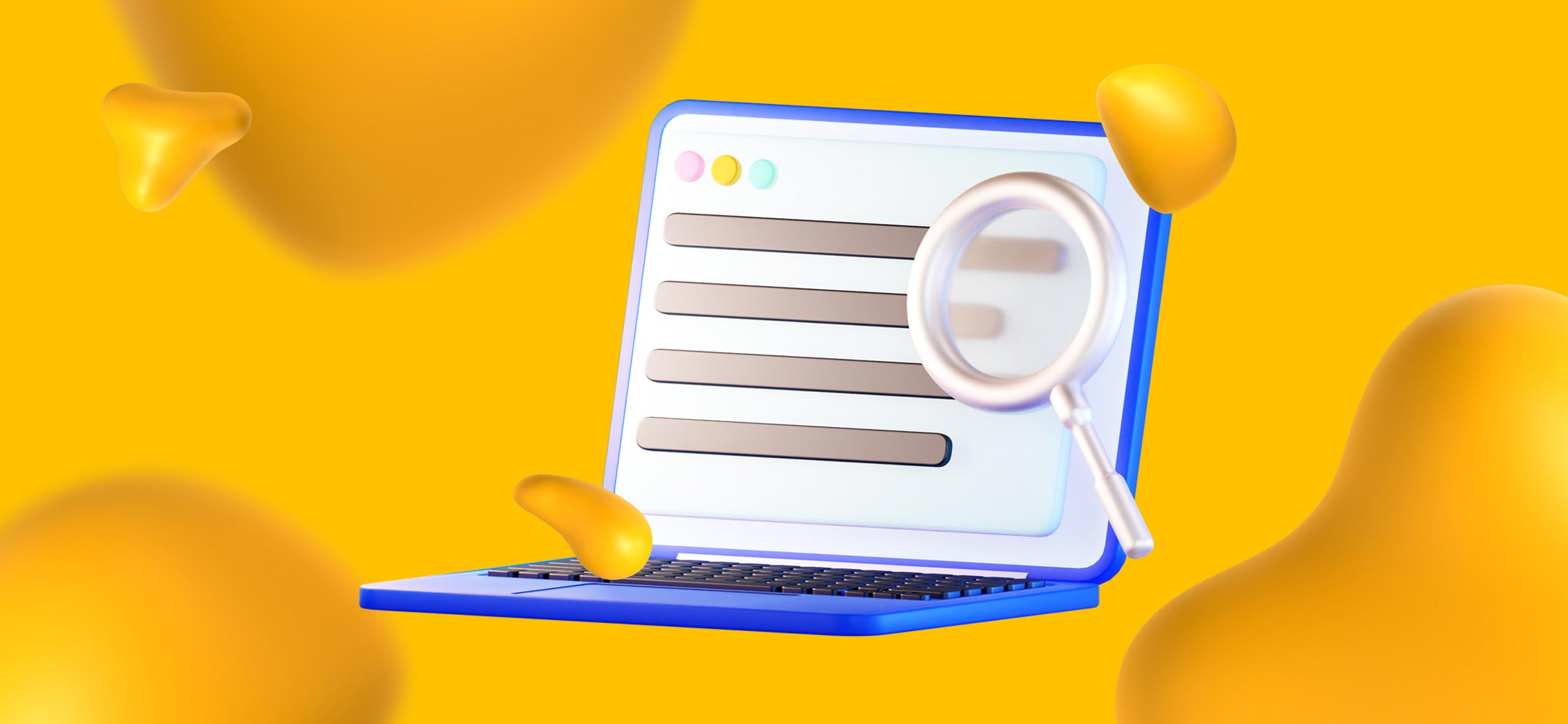 A laptop showing a landing page design on its screen and a magnifying glass inspecting it to test it out.