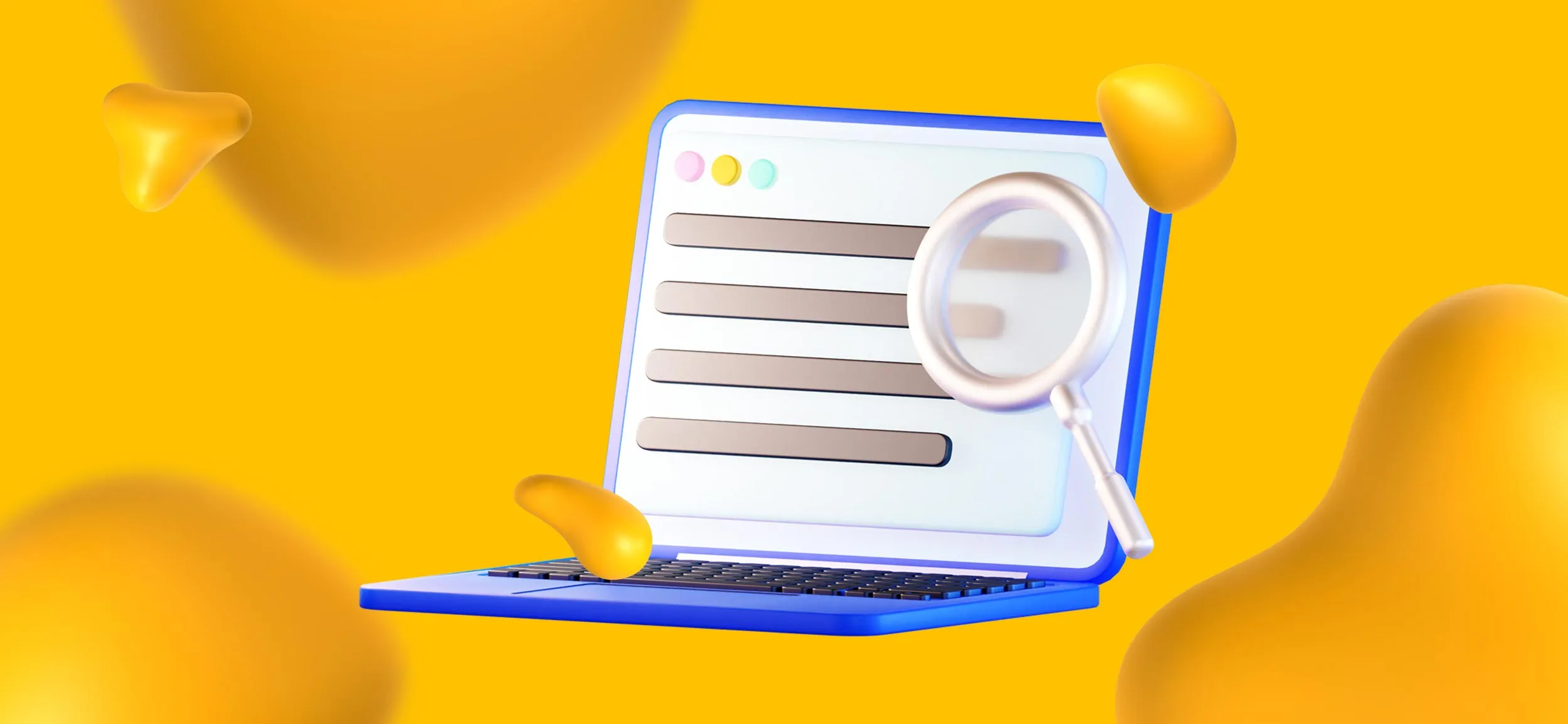 A laptop showing a landing page design on its screen and a magnifying glass inspecting it to test it out.