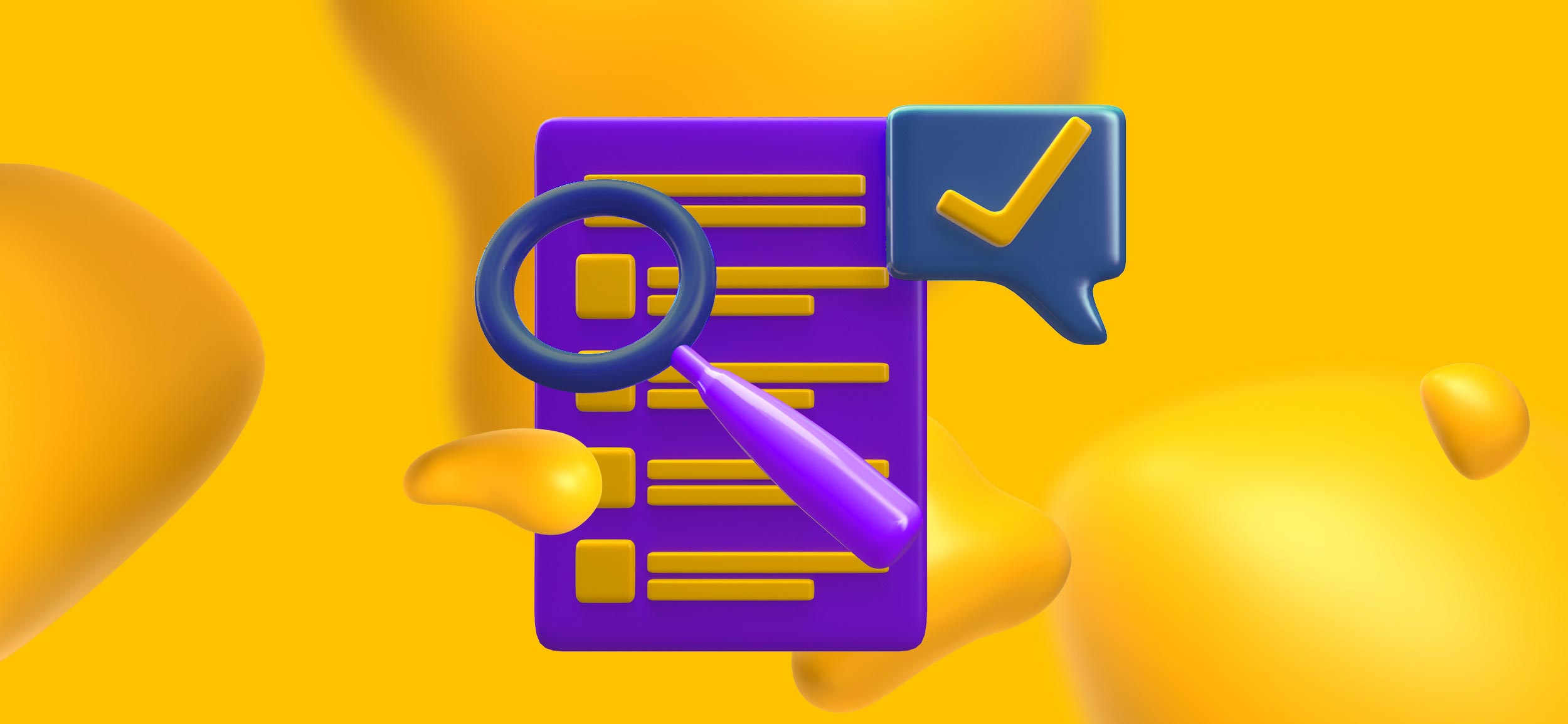 A magnifying glass inspecting a bulleted list, looking for key qualities of a good web site design.