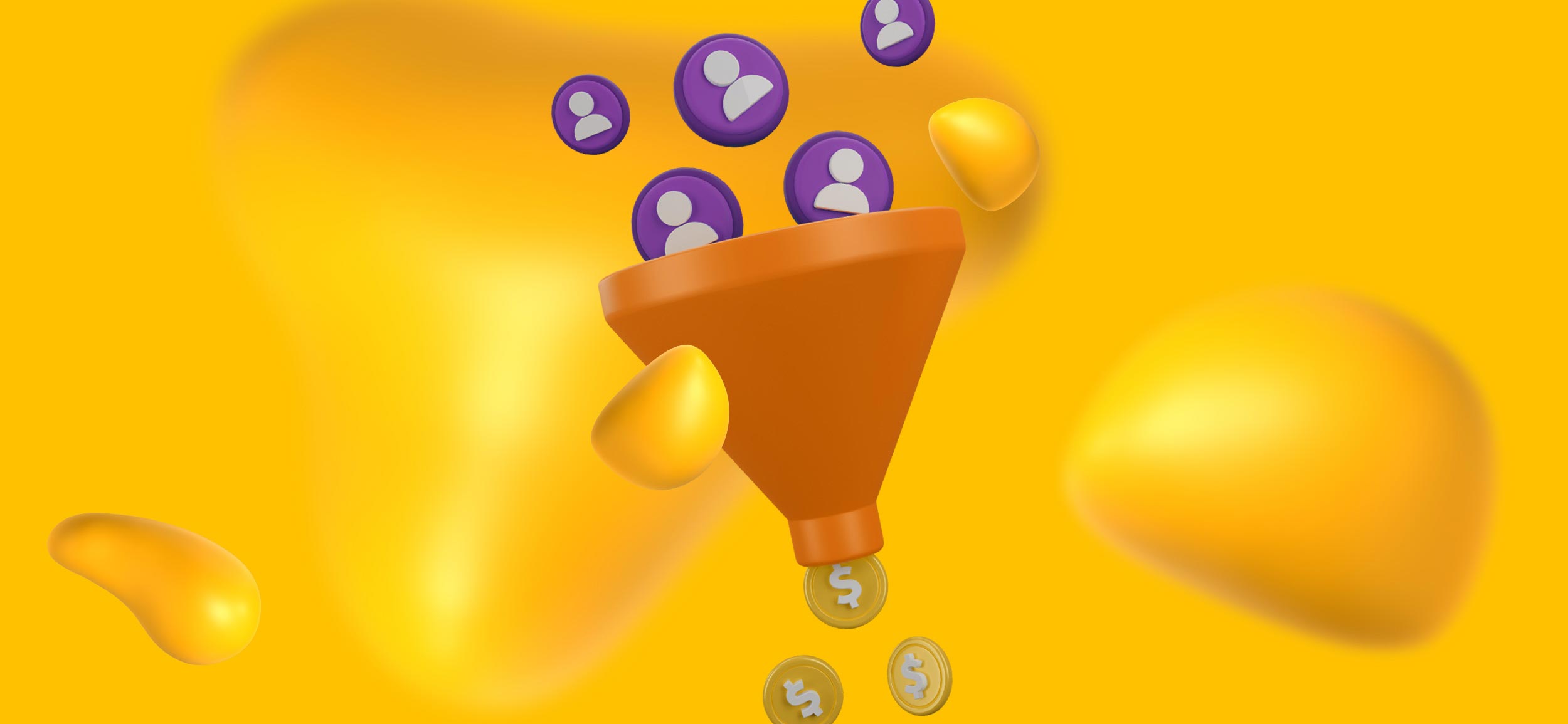 Tokens with profile avatars going through a funnel and coming out as coins on the other side, for a full-funnel strategy.