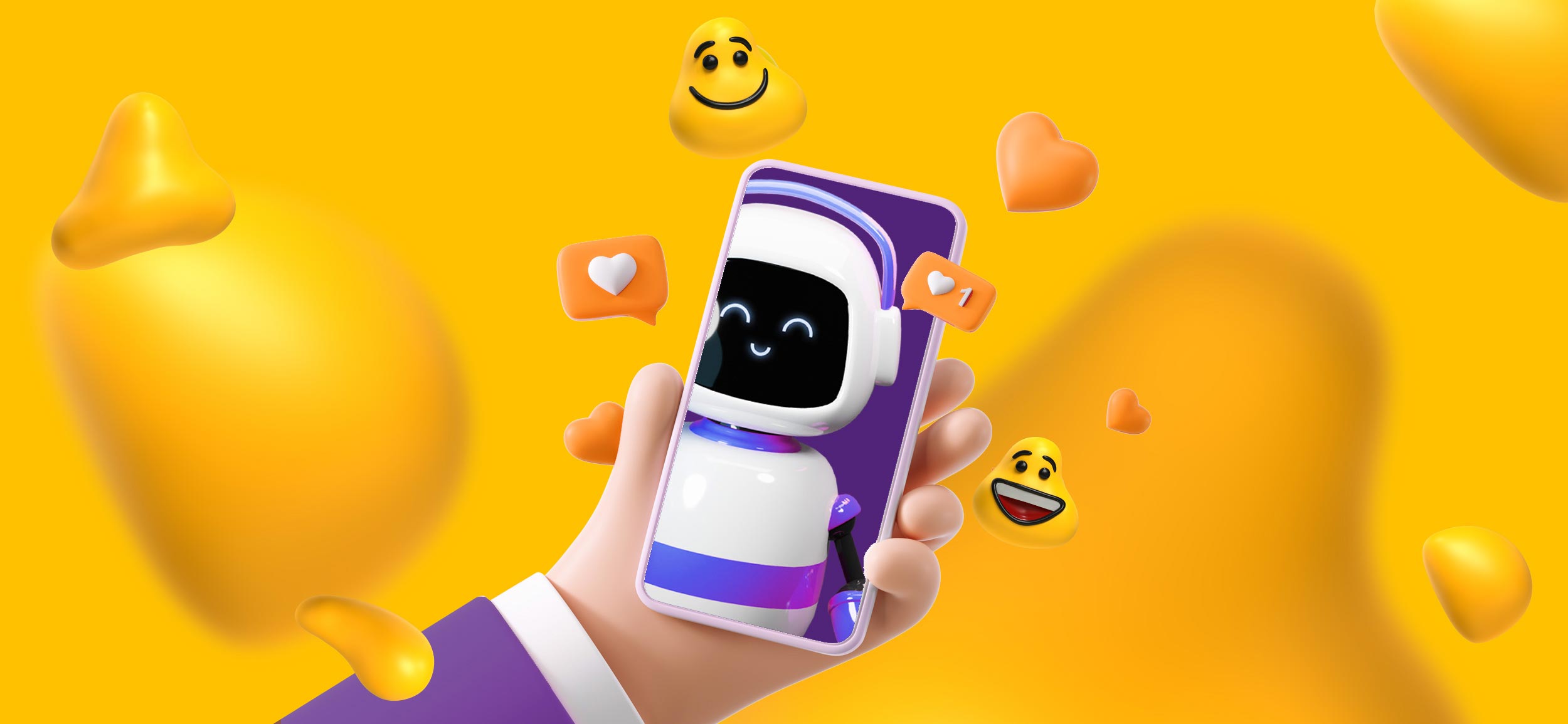 A hand holding a smartphone. On the screen is a happy little robot surrounded by floating Designity blobs and social media heart and like icons.