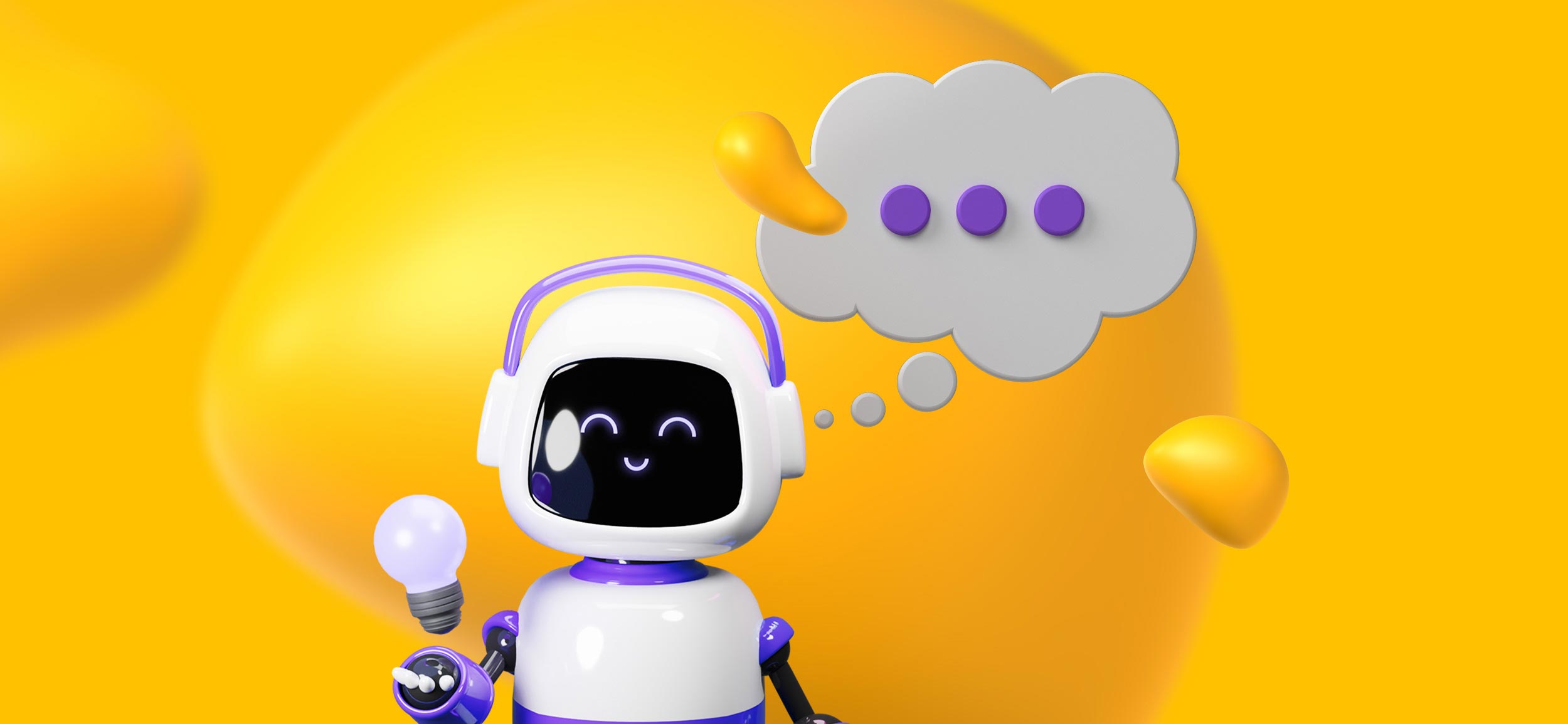 A happy little robot holding a lightbulb. There is a caption bubble with an ellipse above his head.