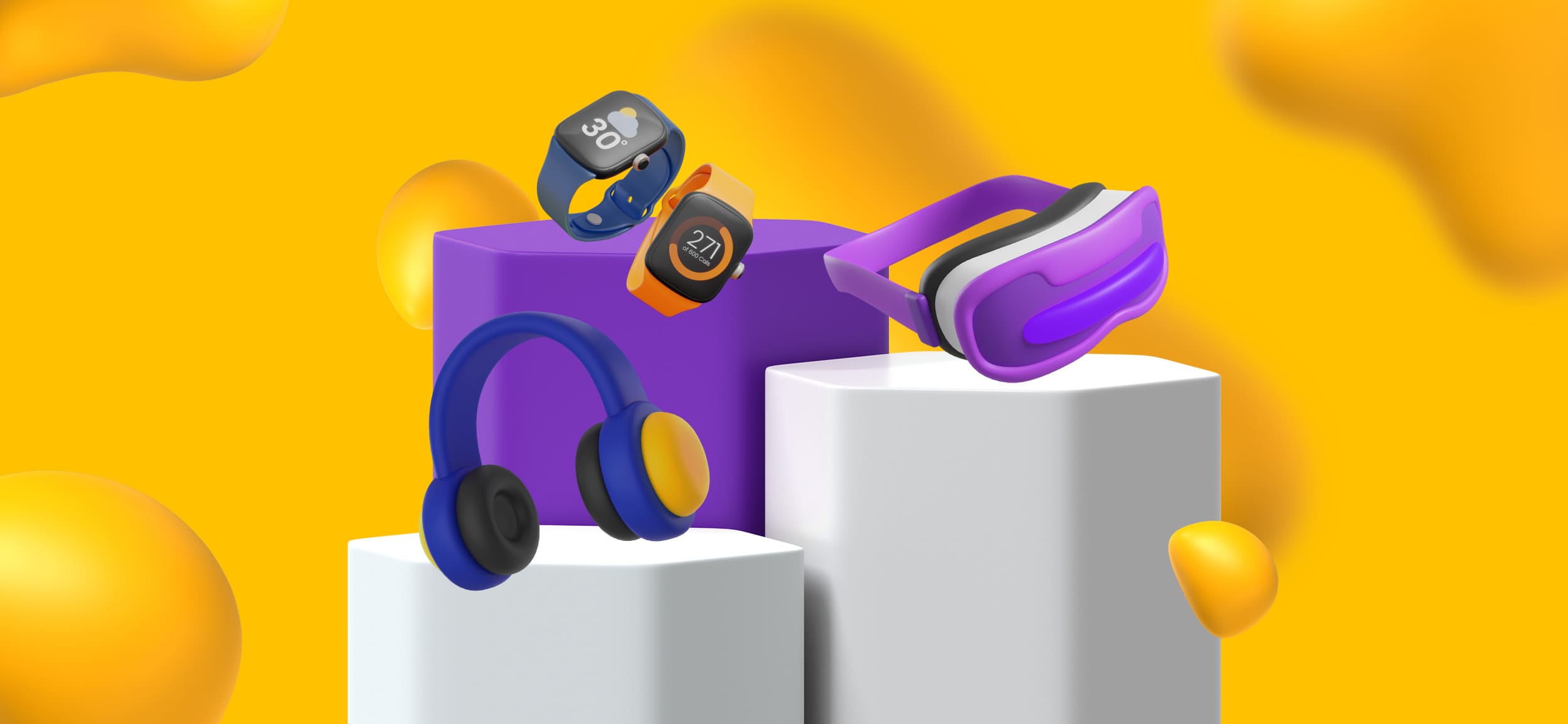 Floating smart watches, trackers, VR goggles, and headphones to demonstrate creative ways to show off products and merchandise.