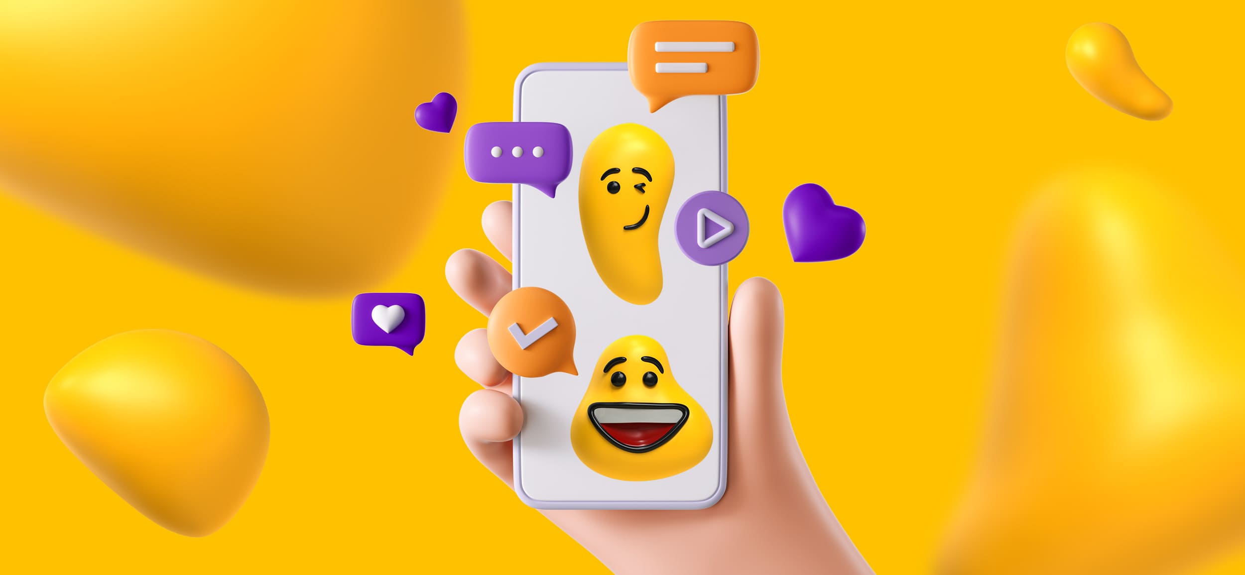 A winking Designity blob on a smartphone screen, surrounded by heart reactions and comments. Sneak peeks make great material for video content.