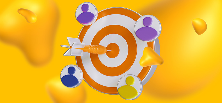 A dart in a bullseye surrounded by profile icons. A good slide deck knows how to define and speak to the target audience.