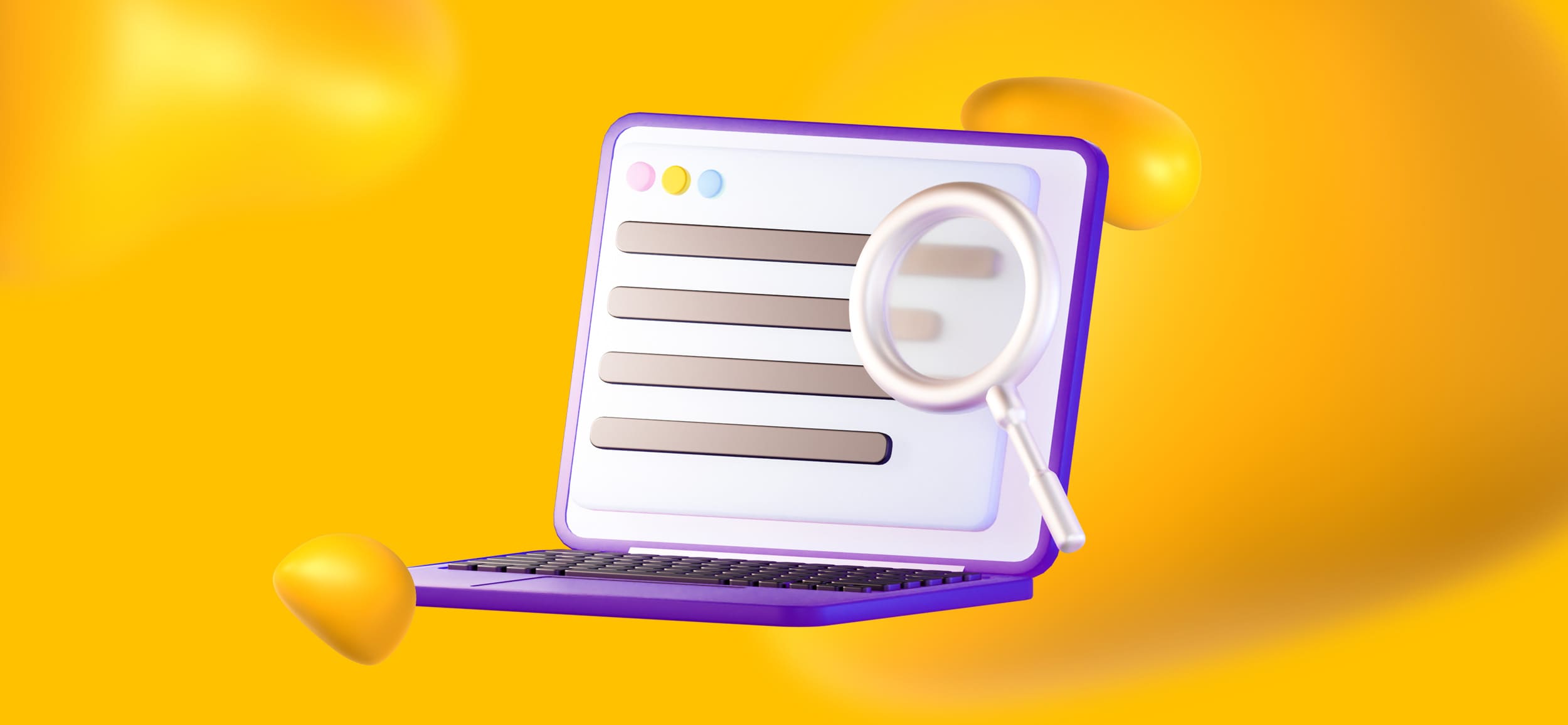 A laptop open to reveal a screen. There is a magnifying glass aimed at it to represent search engines bots looking at written content for SEO.