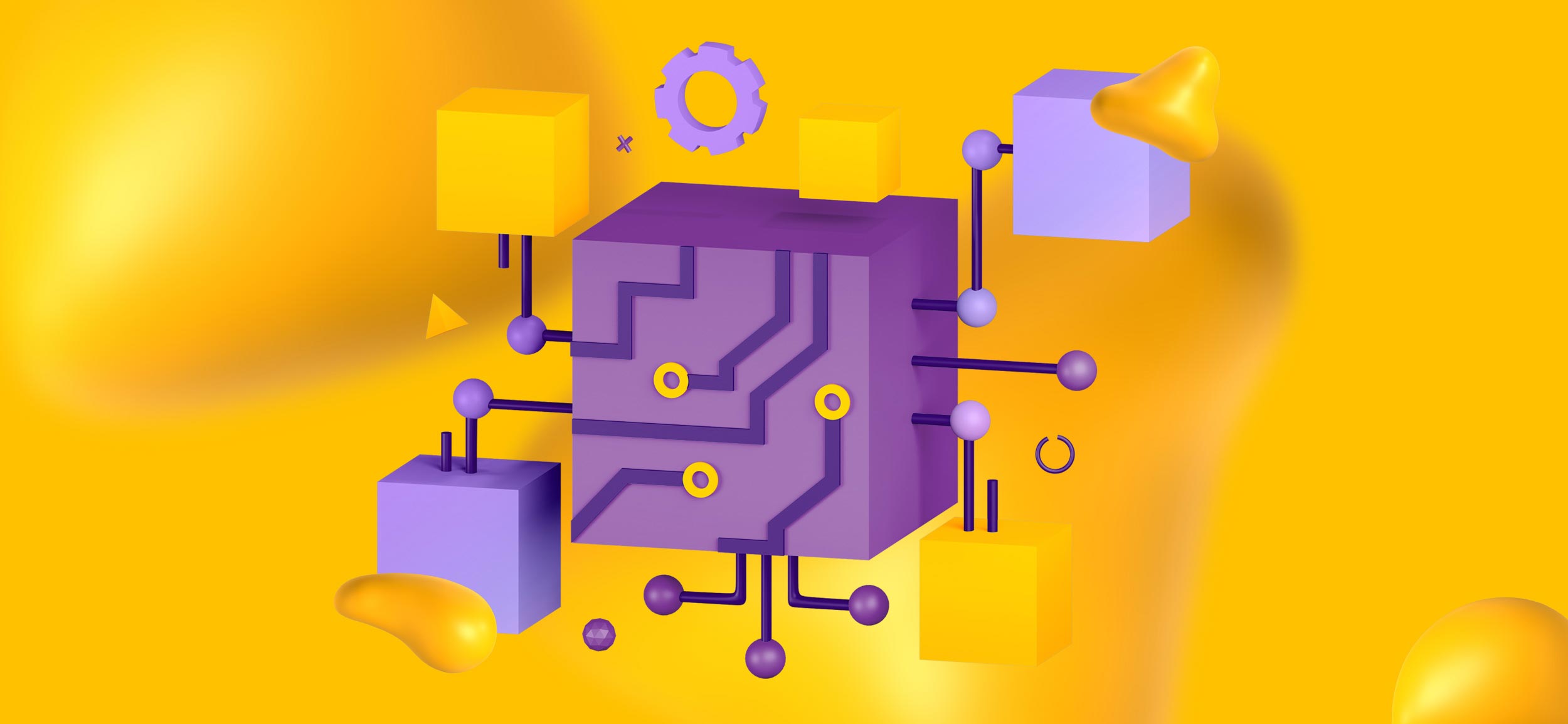 Computer circuits in yellow and purple for AI redefining package design.