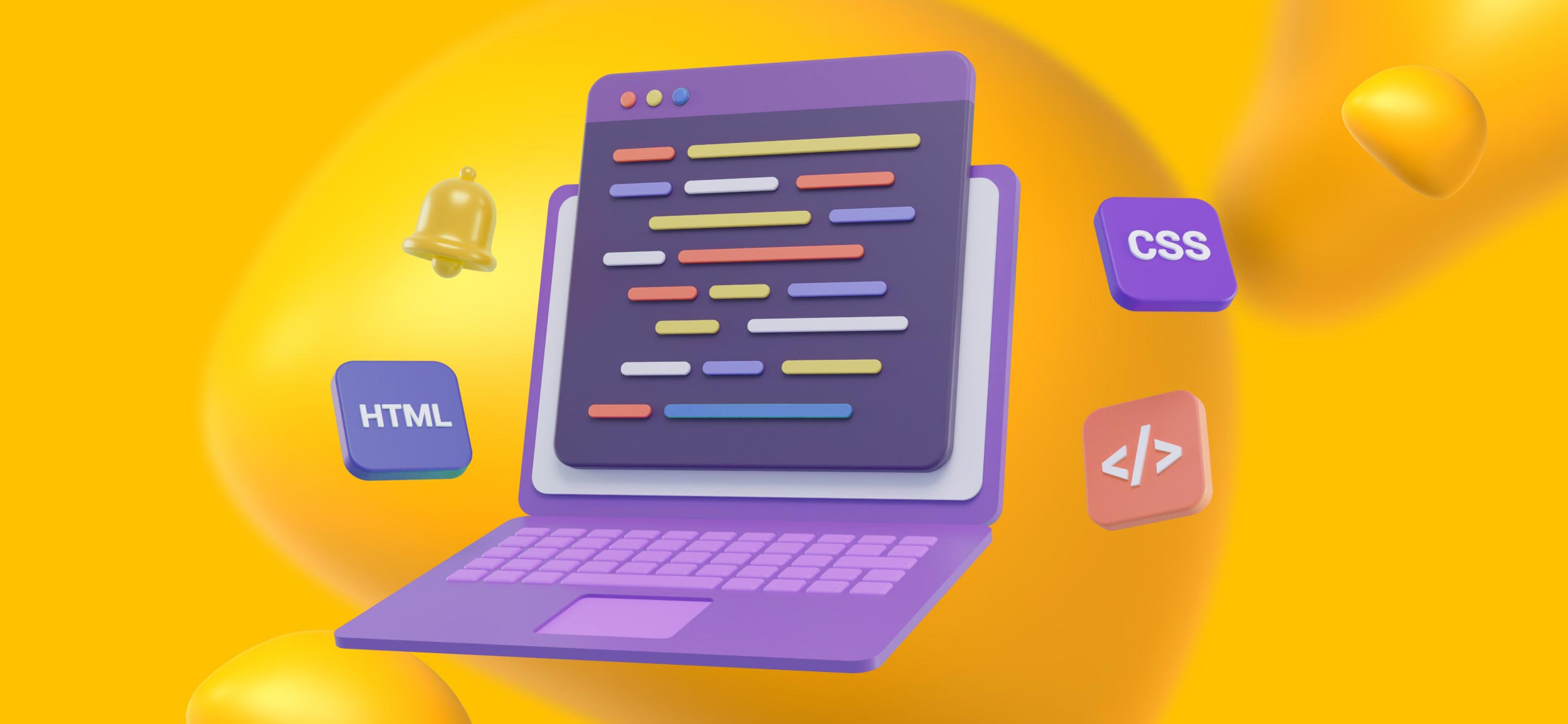 An open laptop with coding elements floating around it. A web developer is someone who creates and maintains websites.