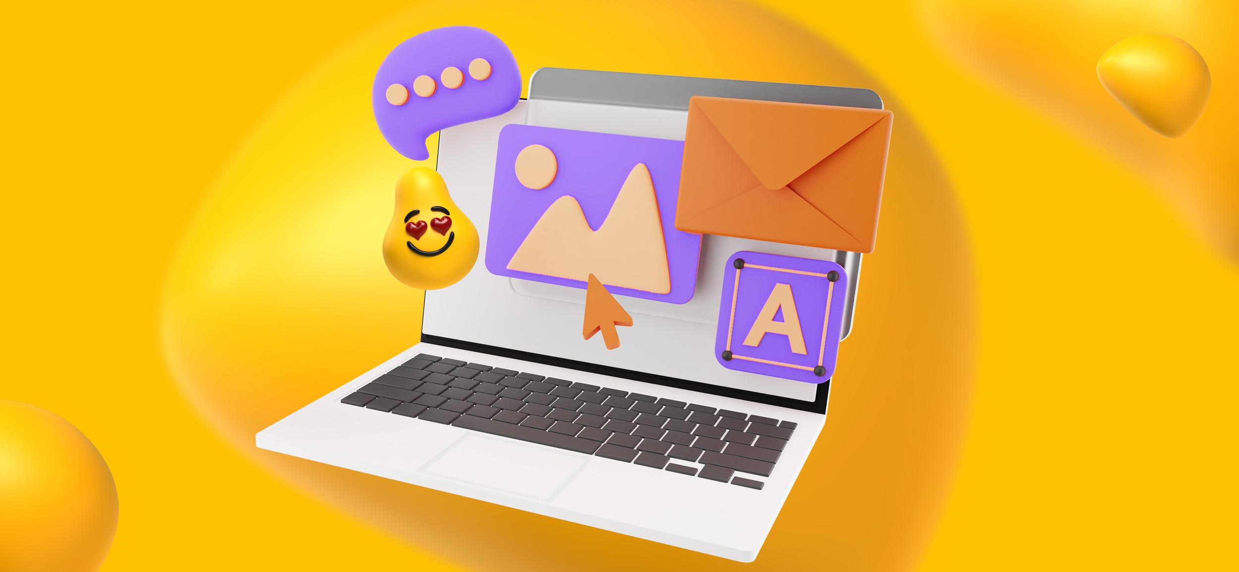 A laptop screen featuring elements of email, including an orange letter, a Designity blob, and an image with an arrow clicking on it.