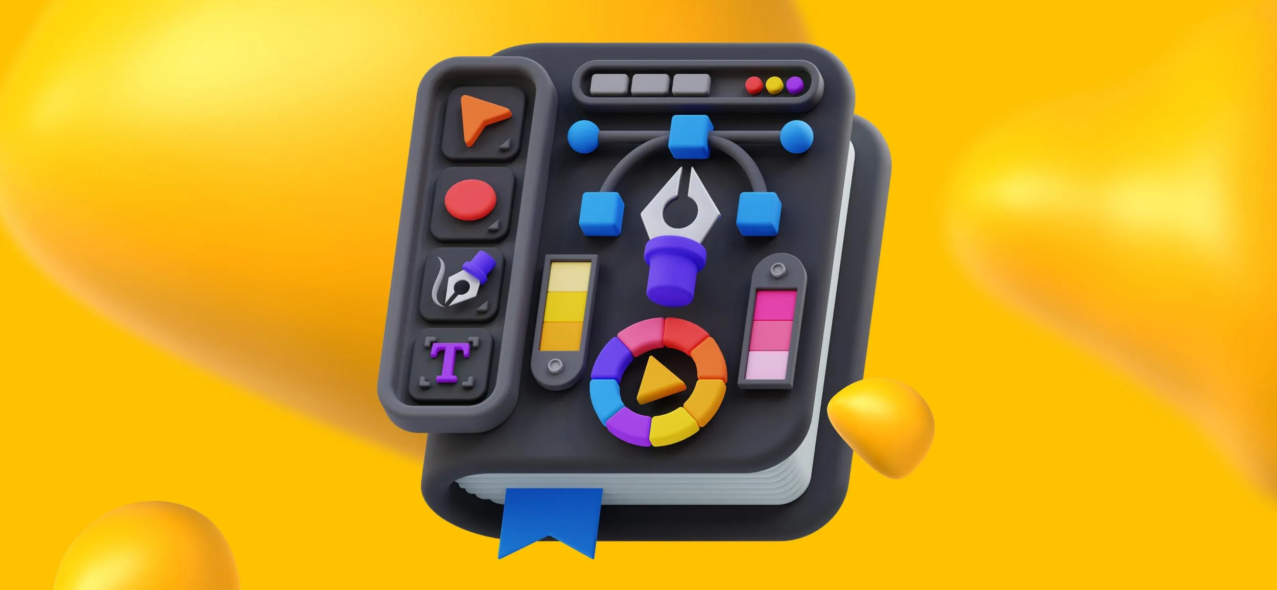 Elements of graphic design, like a pen tool, a curve tool, and a menu.