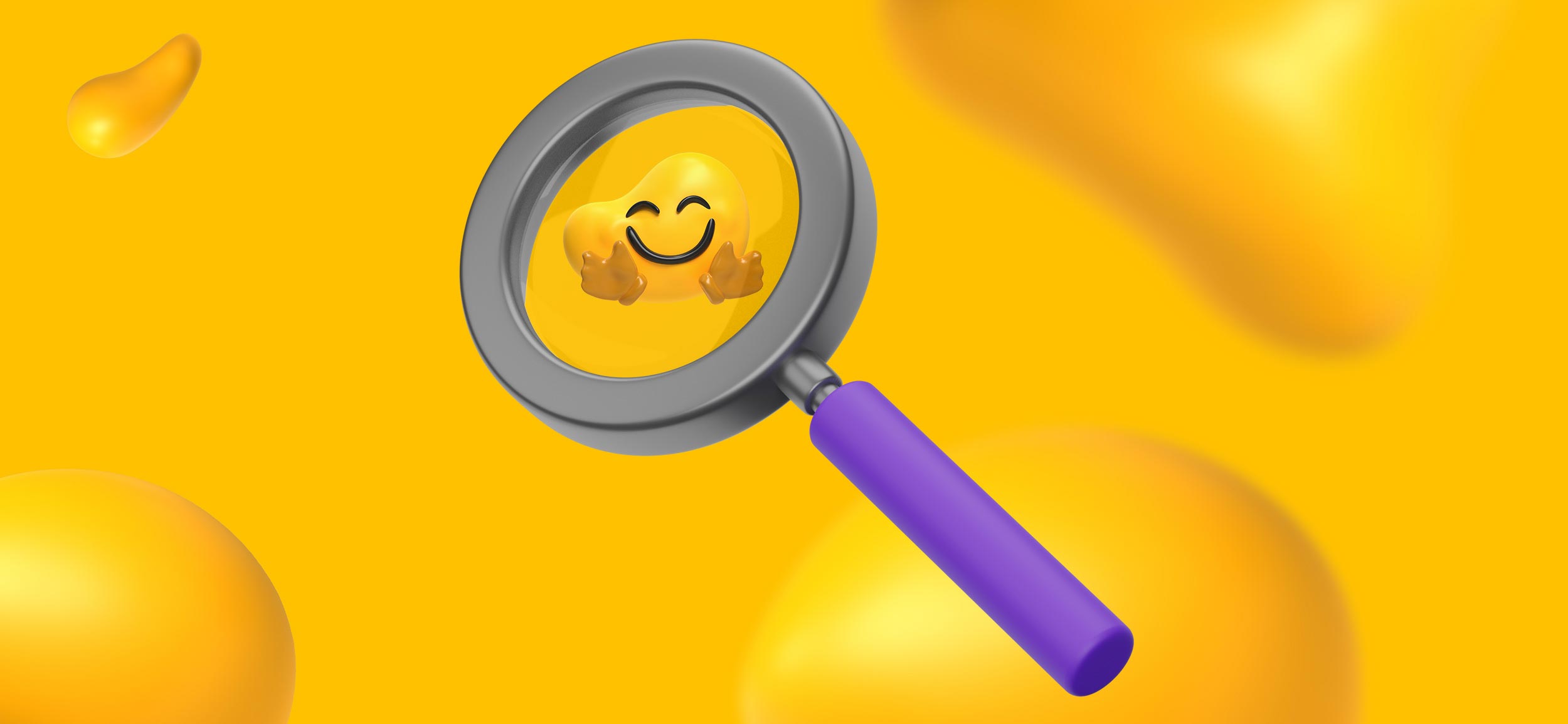 A magnifying glass focused on a happy Designity blob.