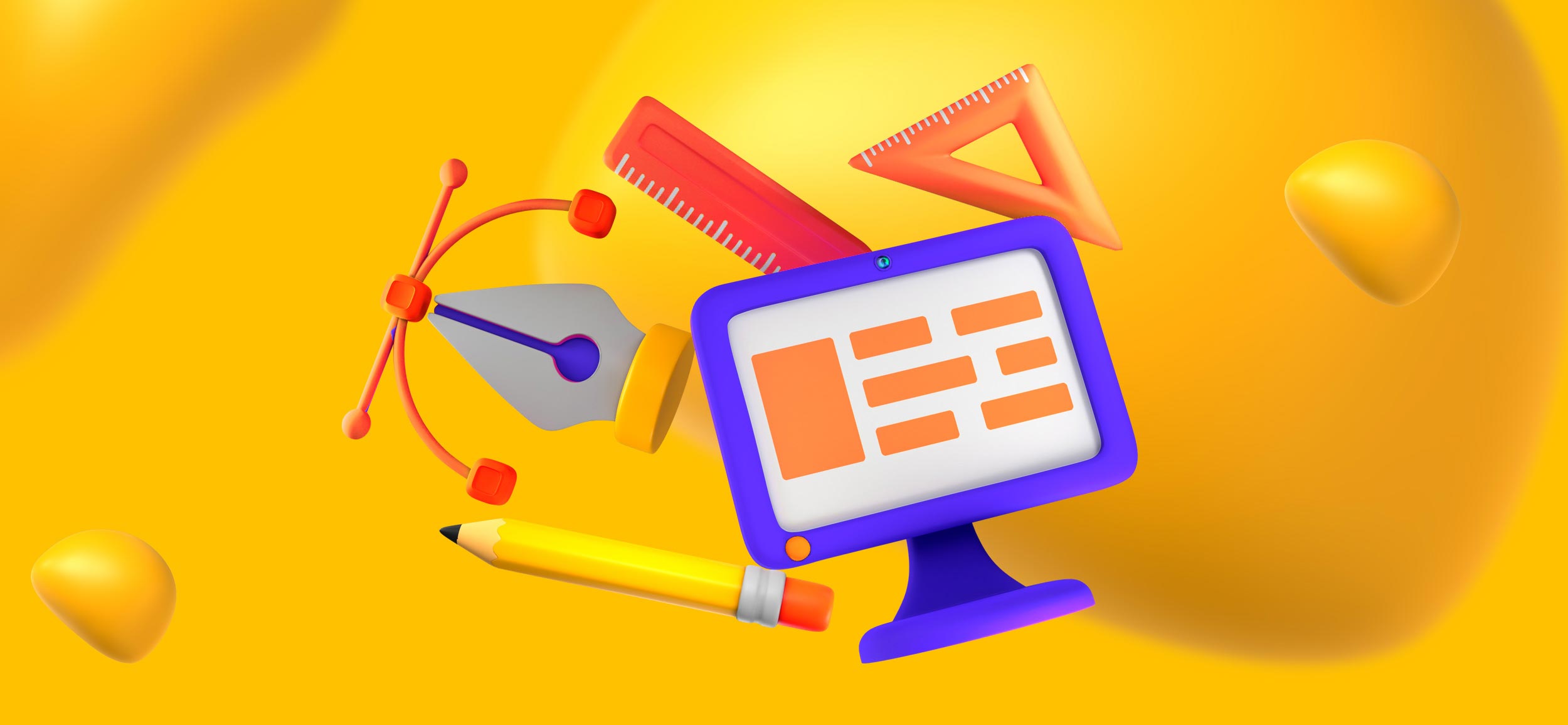 Art tools, such as a ruler, pencil, computer screen, and pen.