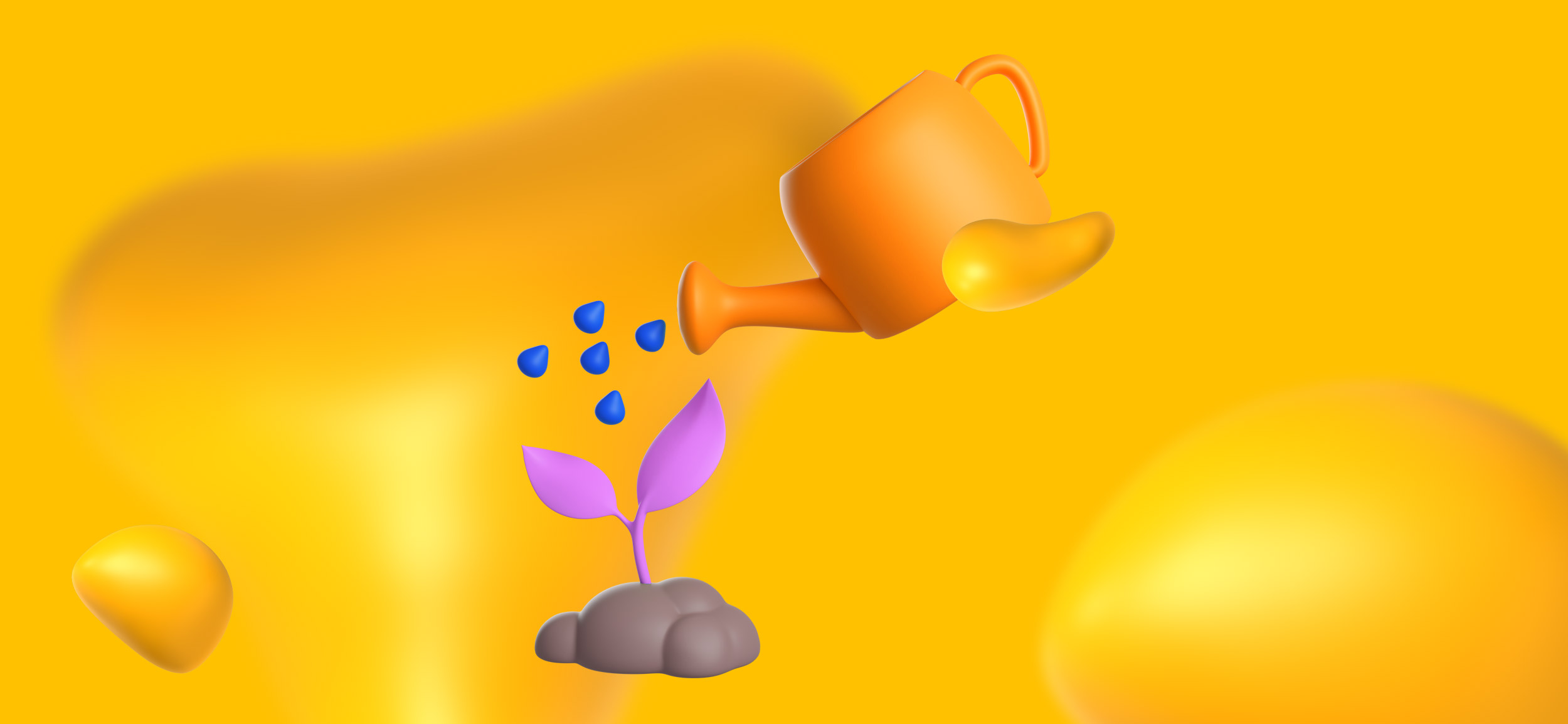 A floating watering can watering a little plant.