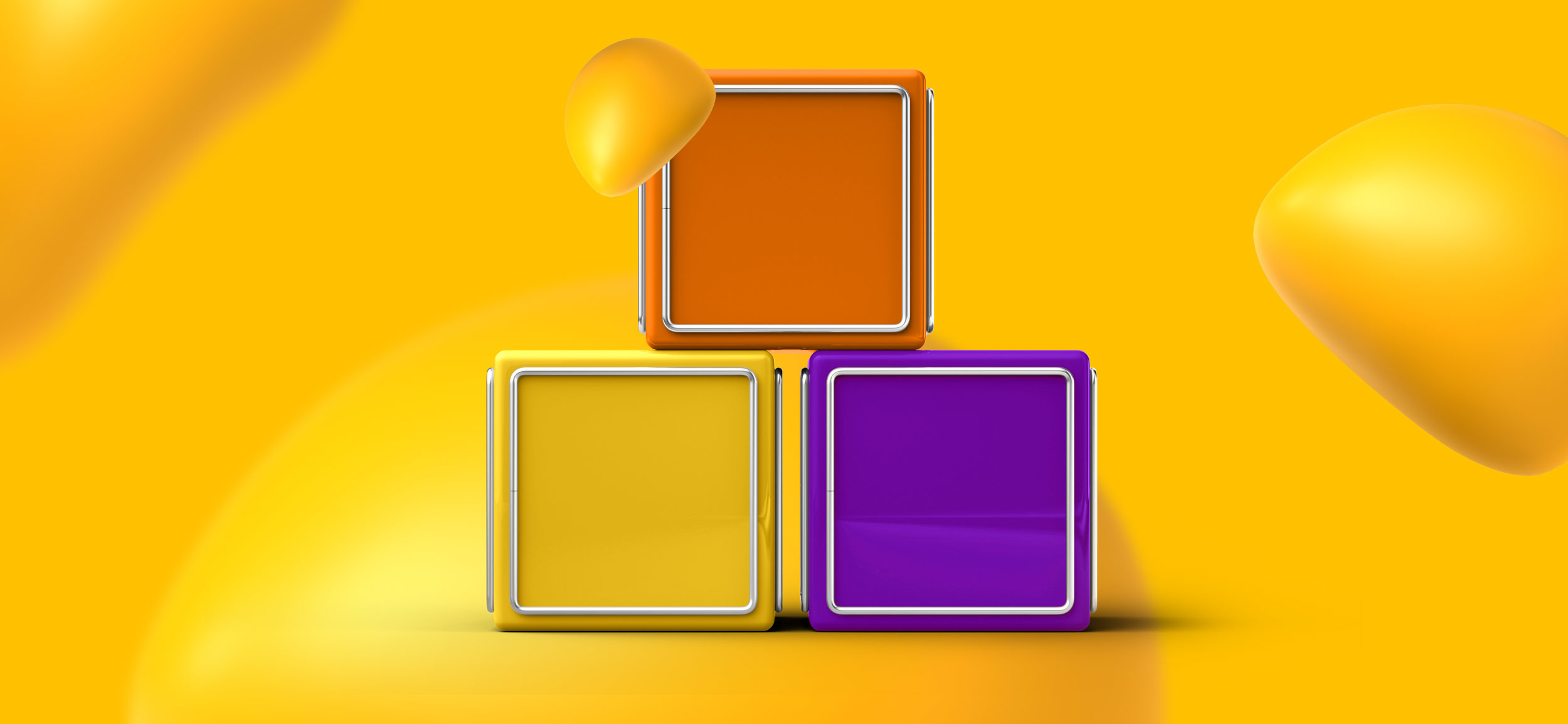An orange block balanced on a yellow box and a purple box for a solid foundation.
