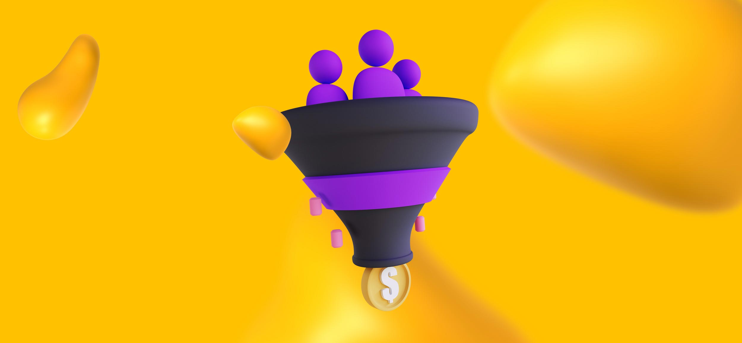 Customers entering a funnel and coming out as money on the other side.