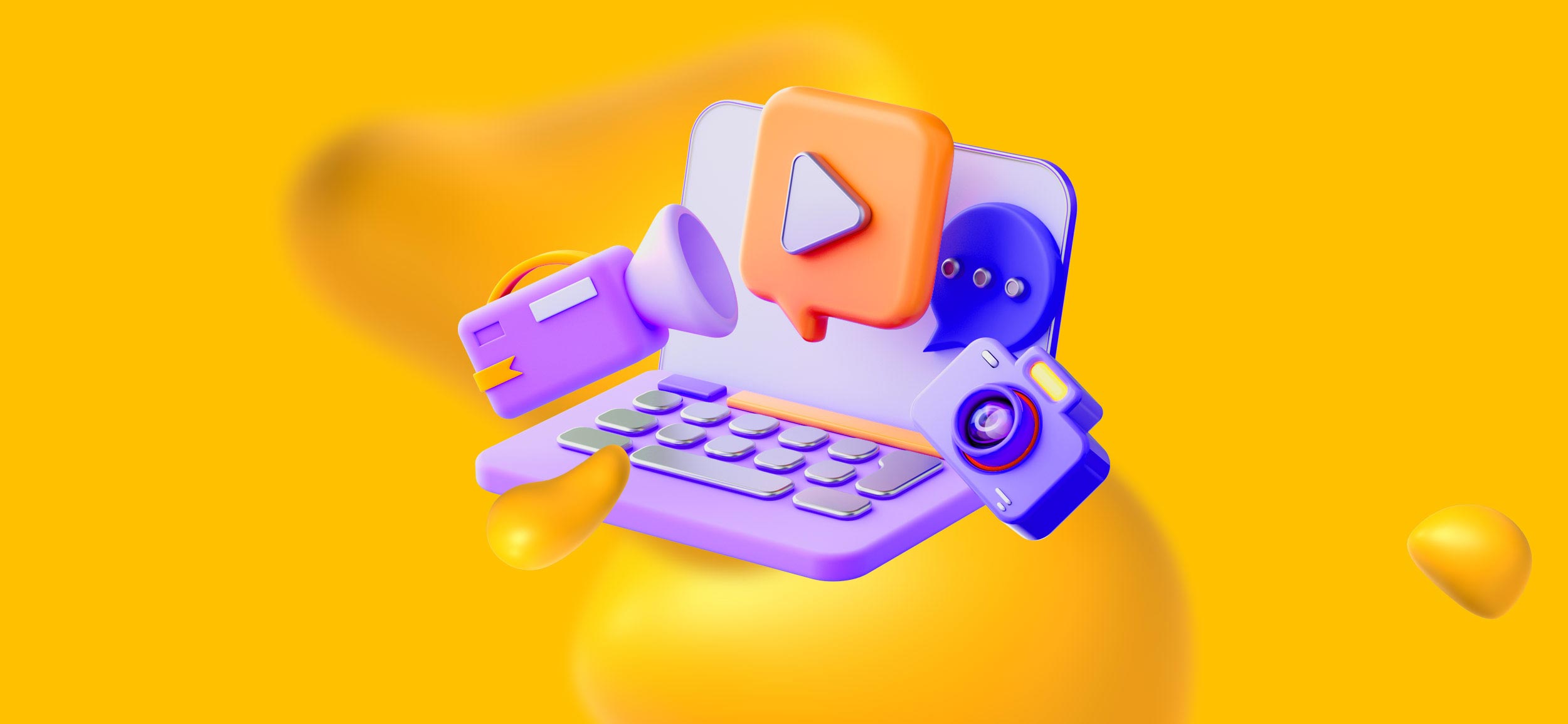 Content marketing tools, like a video camera, camera, laptop, and YouTube video.