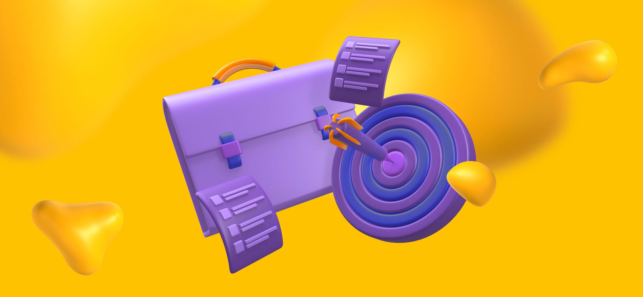 A briefcase, checklists, and a target with a dart in its bullseye..