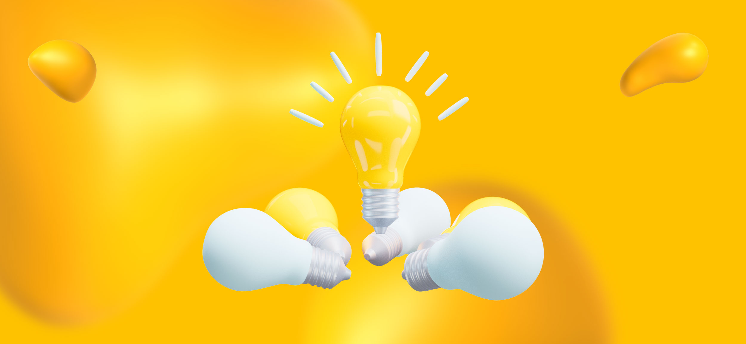 An inspiring lightbulb shining above 5 other lightbulbs. 