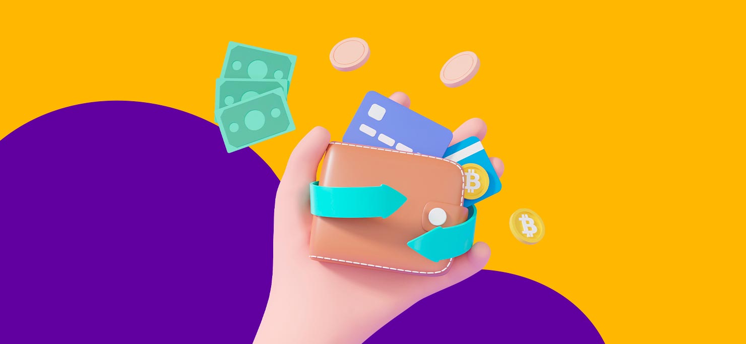 A 3D illustration of a hand holding a wallet. There is credit cards and money sticking out.
