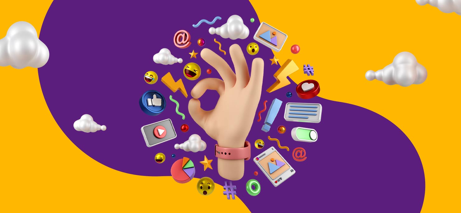 A hand making the OK sign, surrounded by elements of marketing, like social media icons, @ sign,  and emojis.