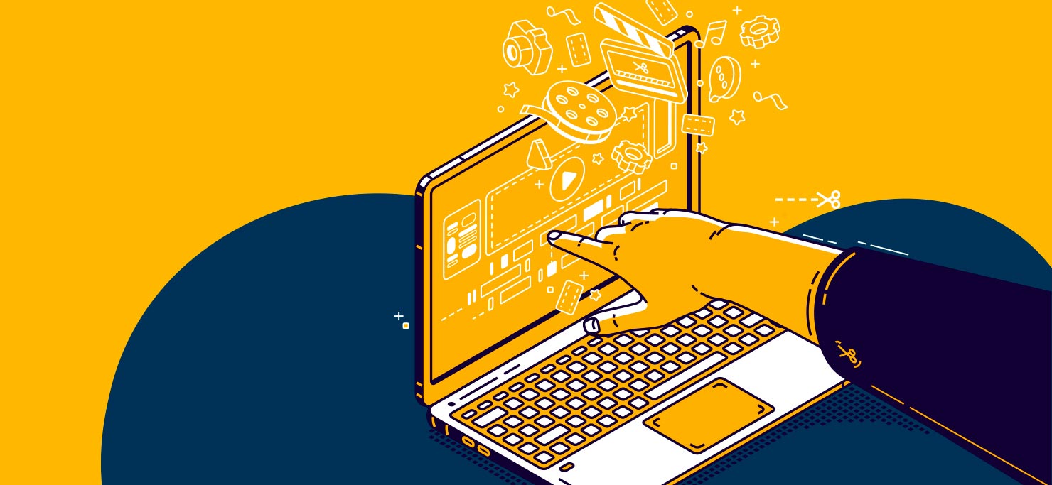 A laptop with motion graphics elements coming out of it.