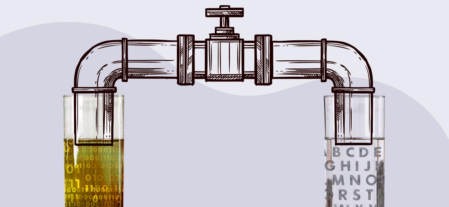 A pipe connecting two glasses, one filled with beer, the other filled with letters. What is a technical copywriter?