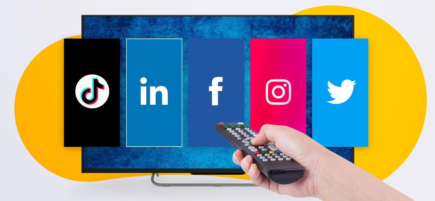 Tiles with logos for social media platforms TikTok, LinkedIn, Facebook, Instagram, and Twitter.