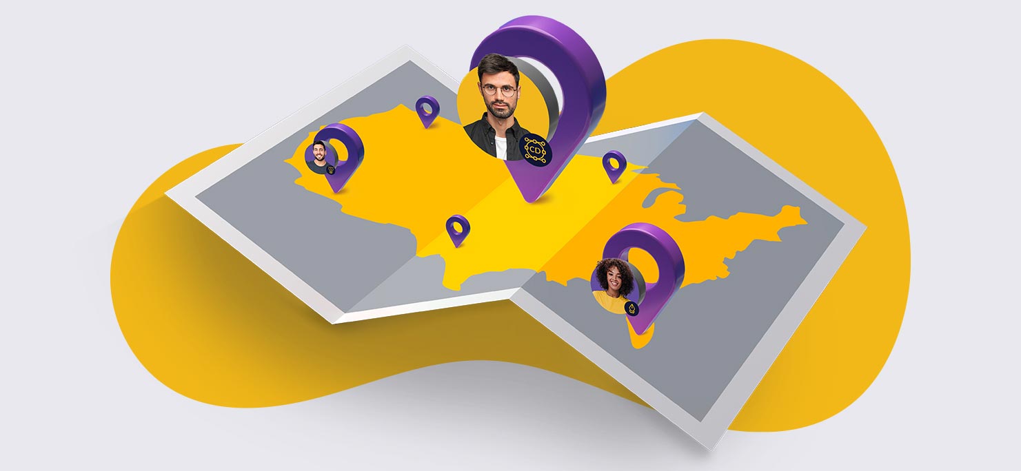 A roadmap of the United States with location markers indicating where different creatives live.