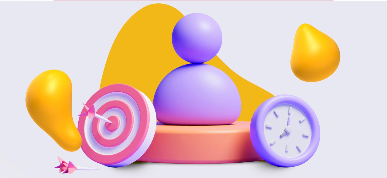 An avatar sits besides symbols of marketing, like a bullseye, and a clock.