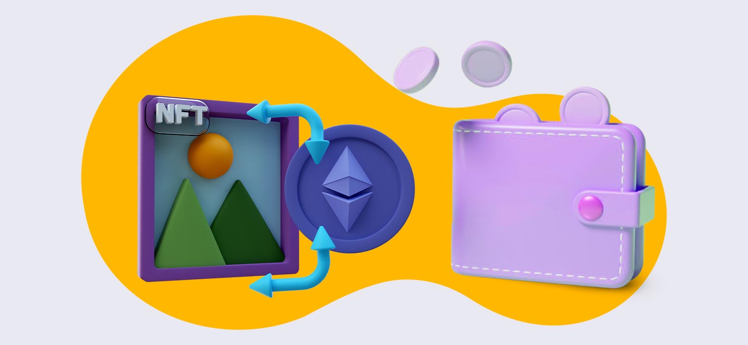 An 3D illustration of an NFT sitting beside a purple wallet, for the benefits of Web3 for freelancers.