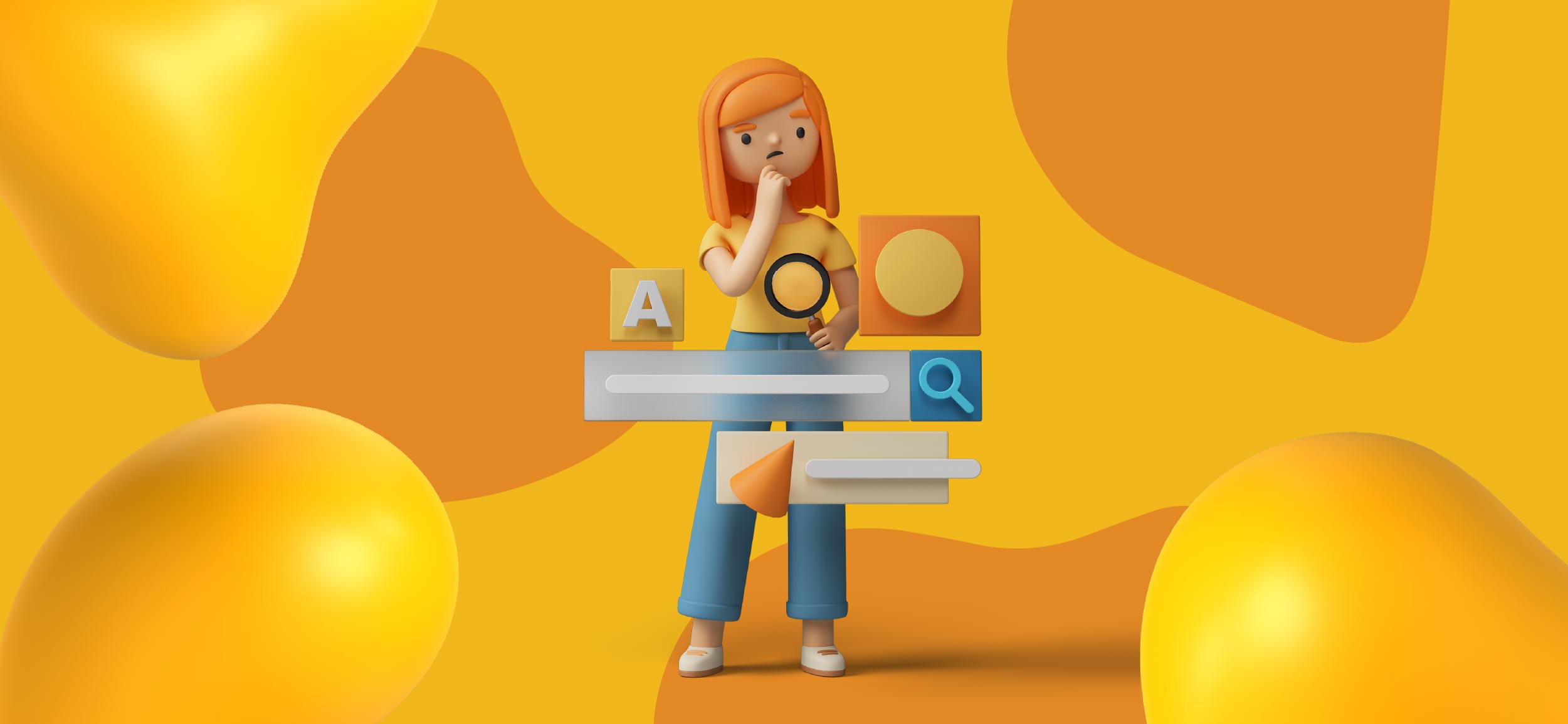 A puzzled-looking girl stands in front of an internet search bar. She is holding a magnifying glass and wondering what it takes to become a creative director.