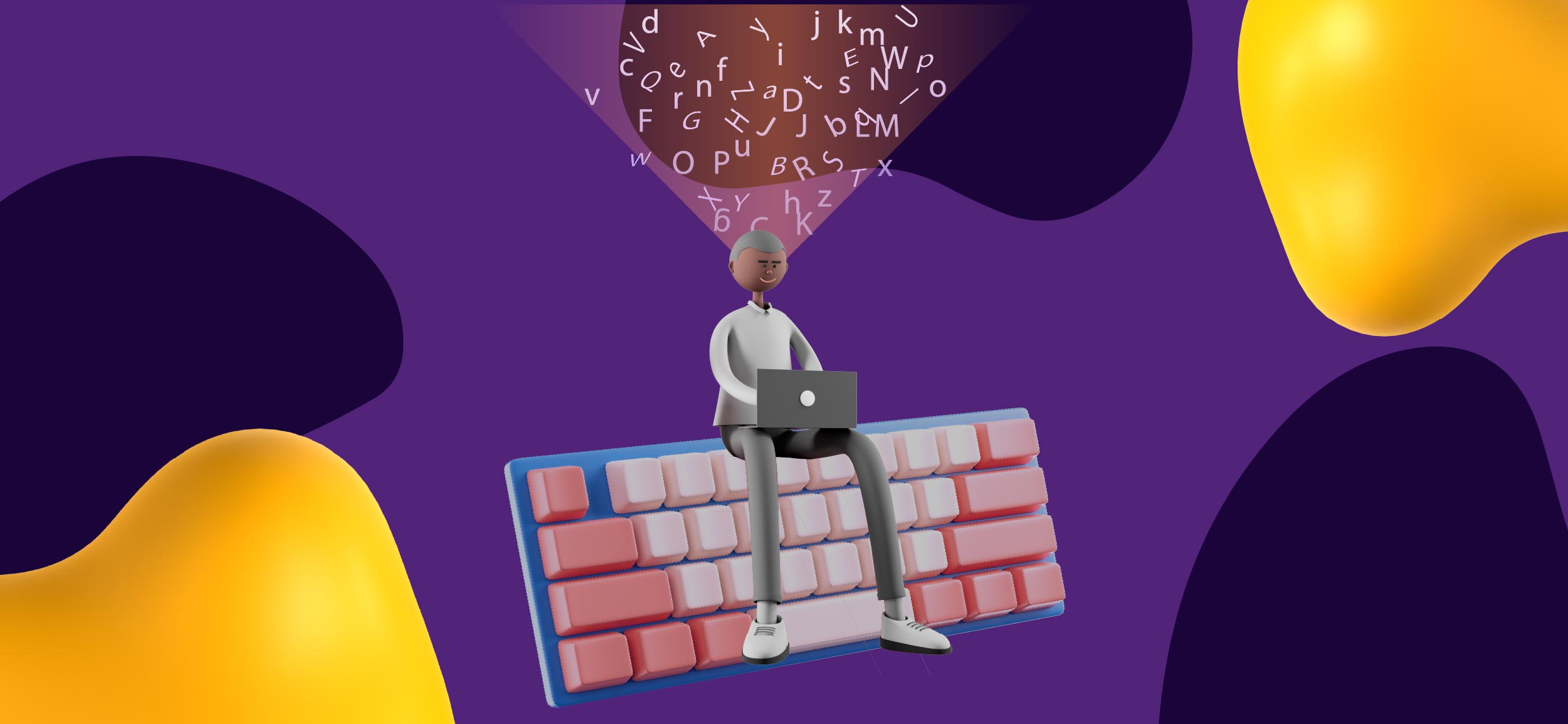 Man sitting on a keyboard, writing copy.