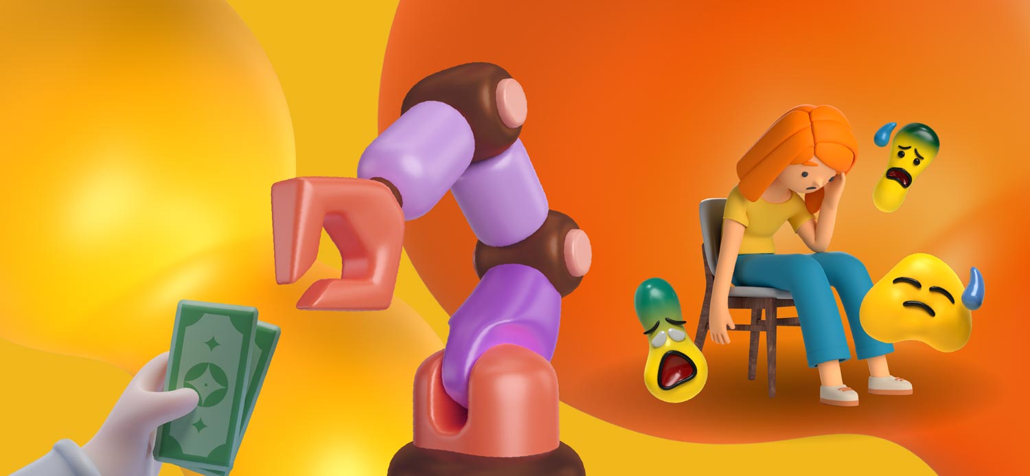 A designer sitting on a chair looking dejected and surrounded by sad emojis. A robot hand is in front of her, accepting money from a client.