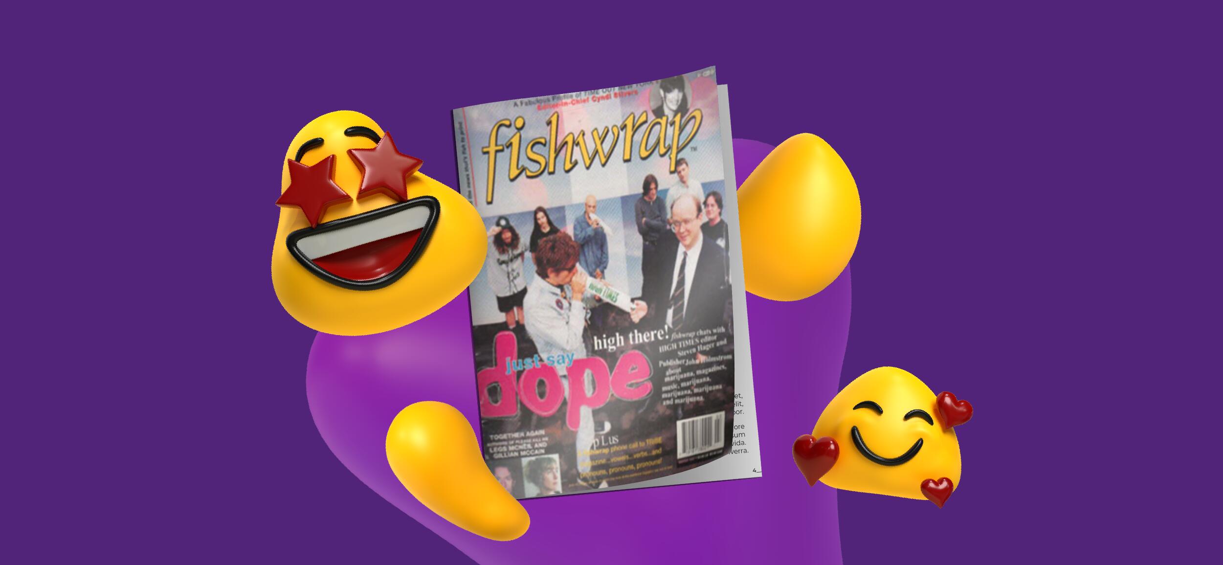 Fishwrap magazine cover with organic shapes around it.