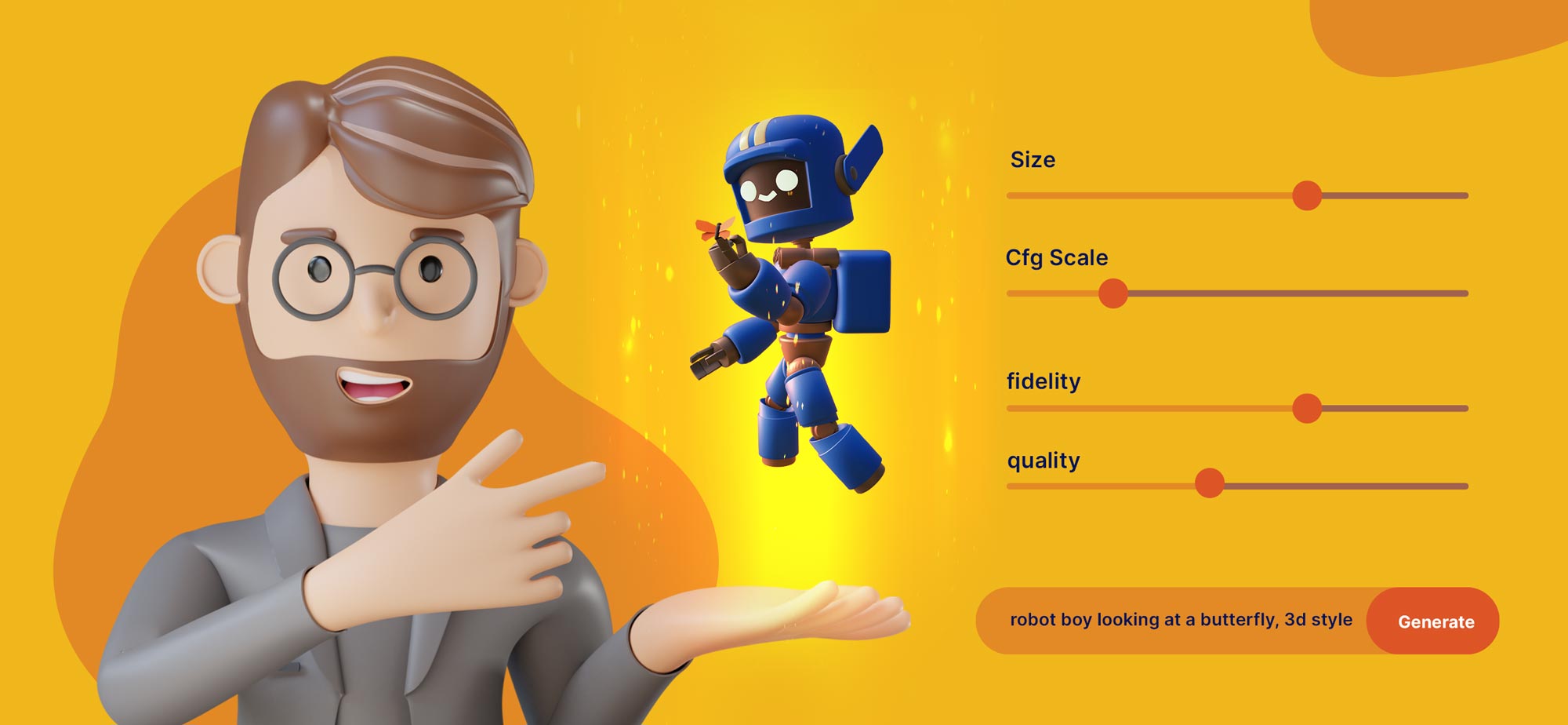 AI generated boy looking at a butterfly in 3D