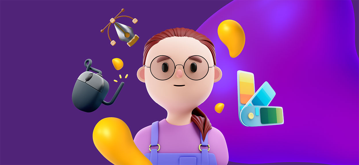 An AI graphic designer sitting in design elements.