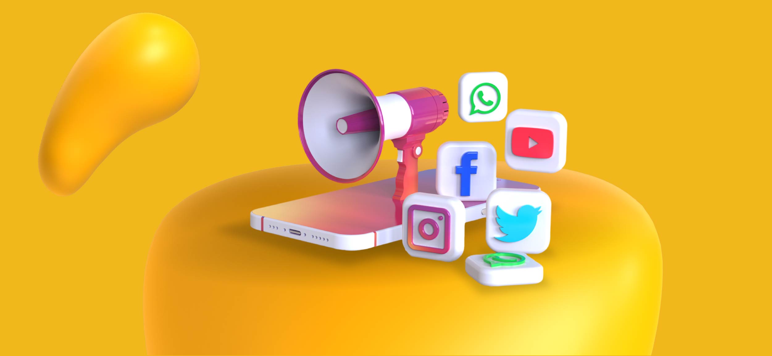 Megaphone coming out of a smart phone surrounded by social media icons