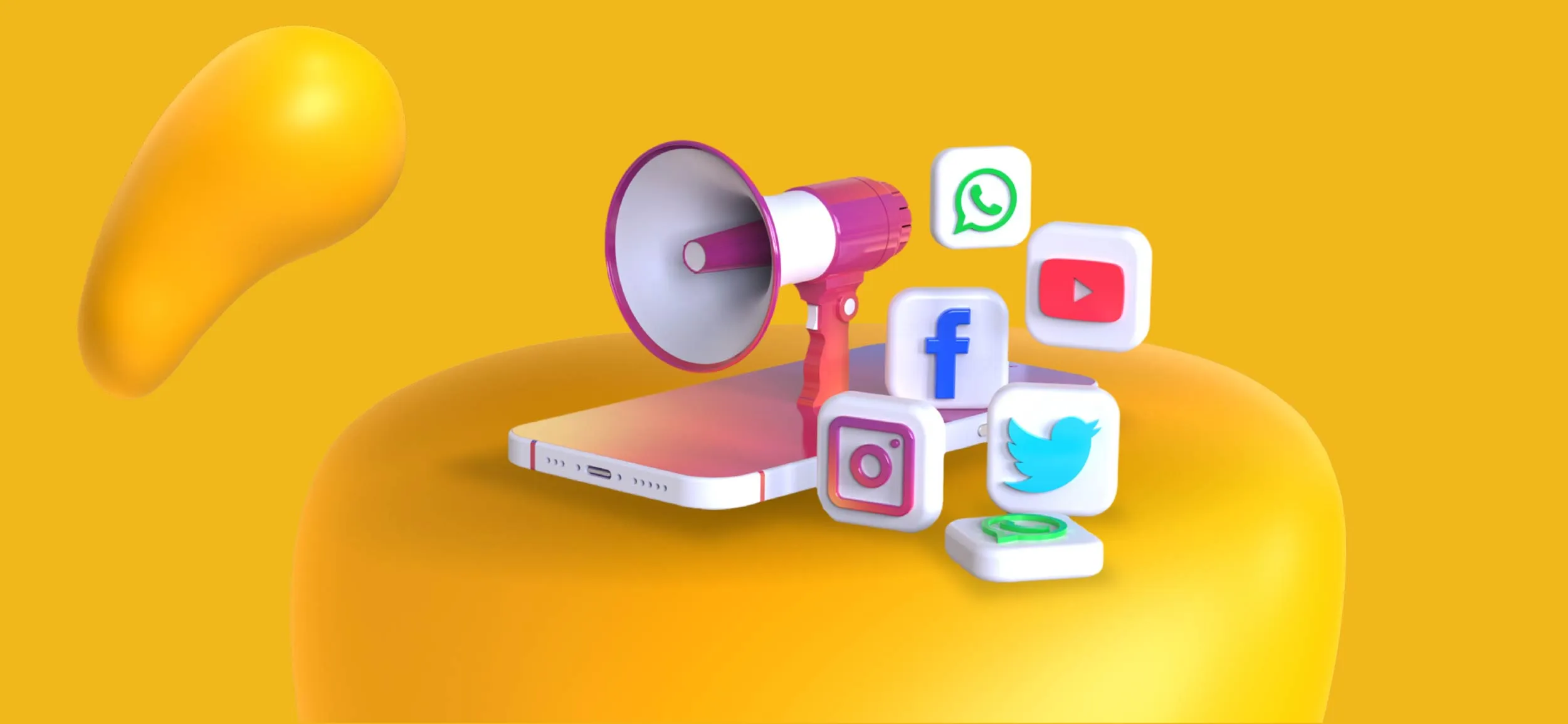 Megaphone coming out of a smart phone surrounded by social media icons
