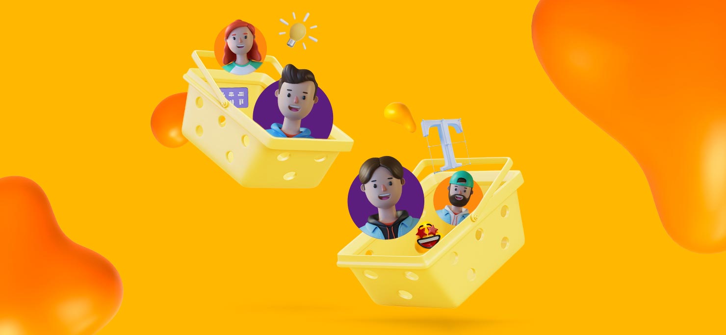 Creatives in shopping baskets, for the freelance marketplace.