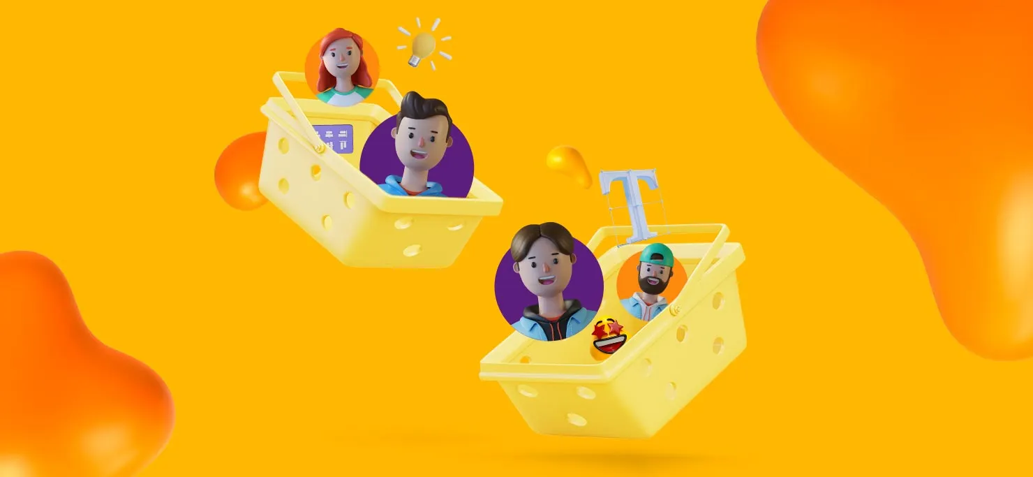 Creatives in shopping baskets, for the freelance marketplace.