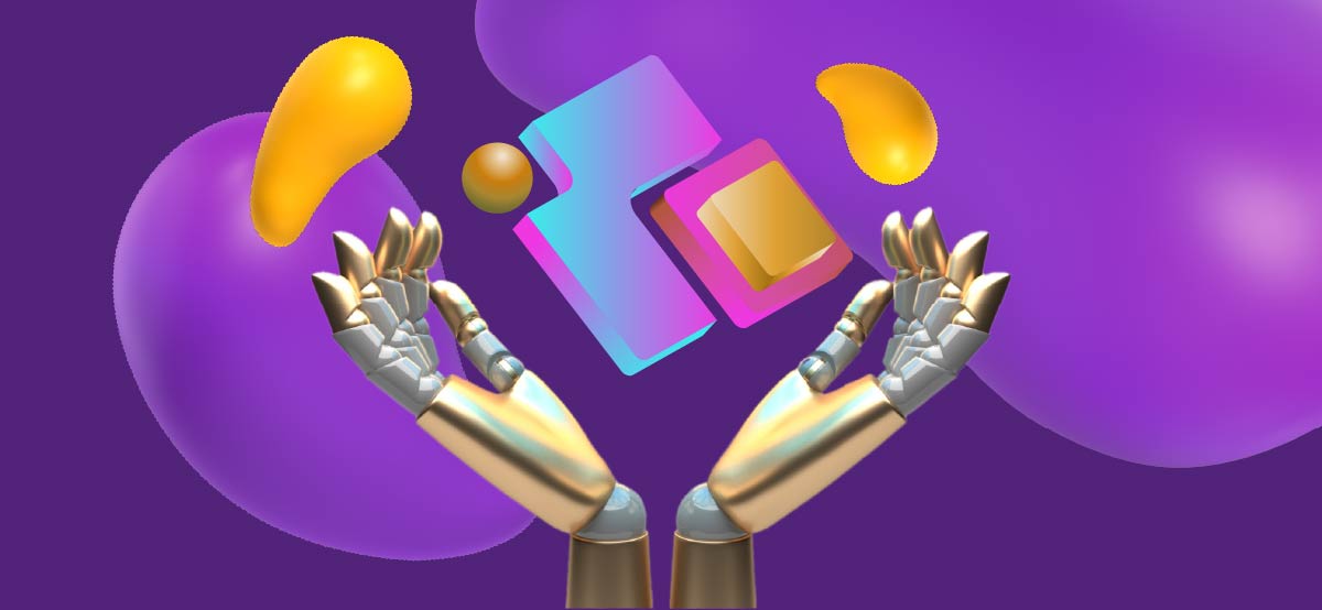 Robot hands reaching up for some geometric shapes. The best way to use AI logo makers.