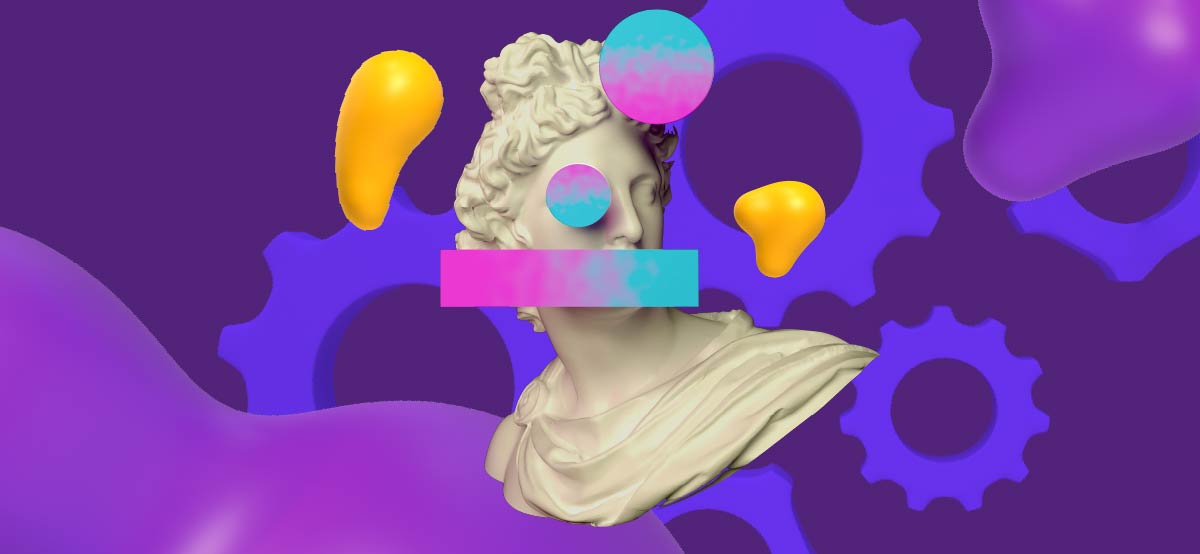 A Greek Statue, surrounded by modern art. What is an AI art generator?