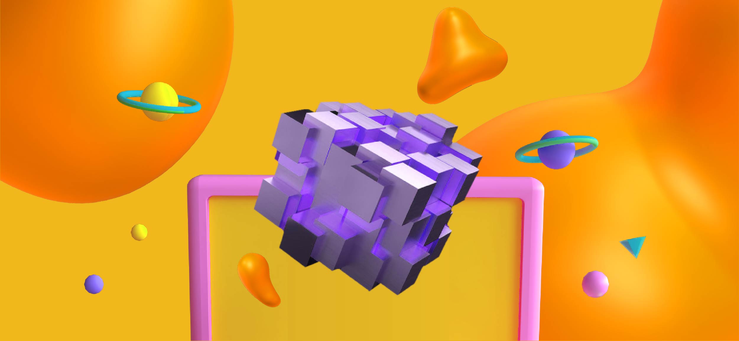 Web3 box with planet shapes and organic elements around it.