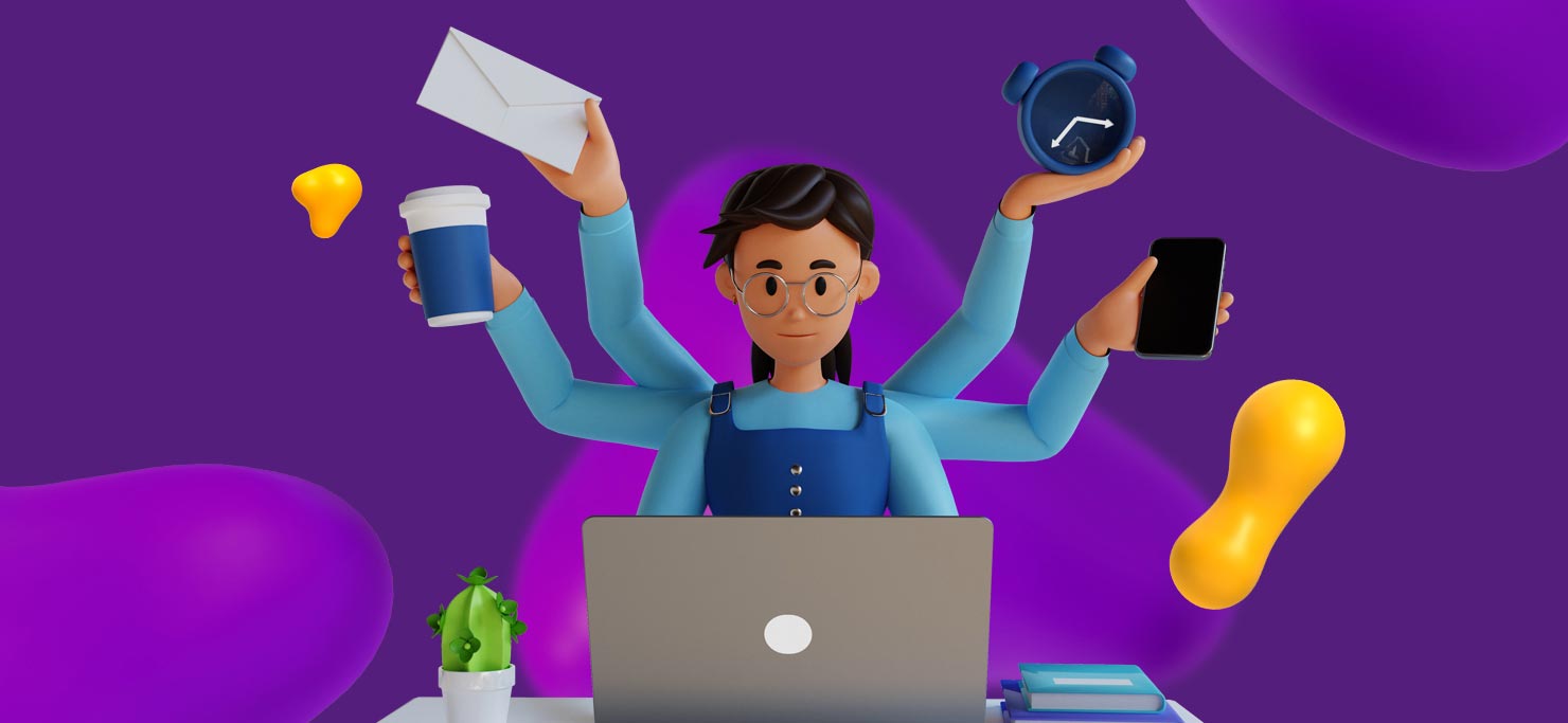 A woman working at a laptop. She has six arms, holding a phone, cup of coffee, a letter, and a clock to show us that she is multitasking.