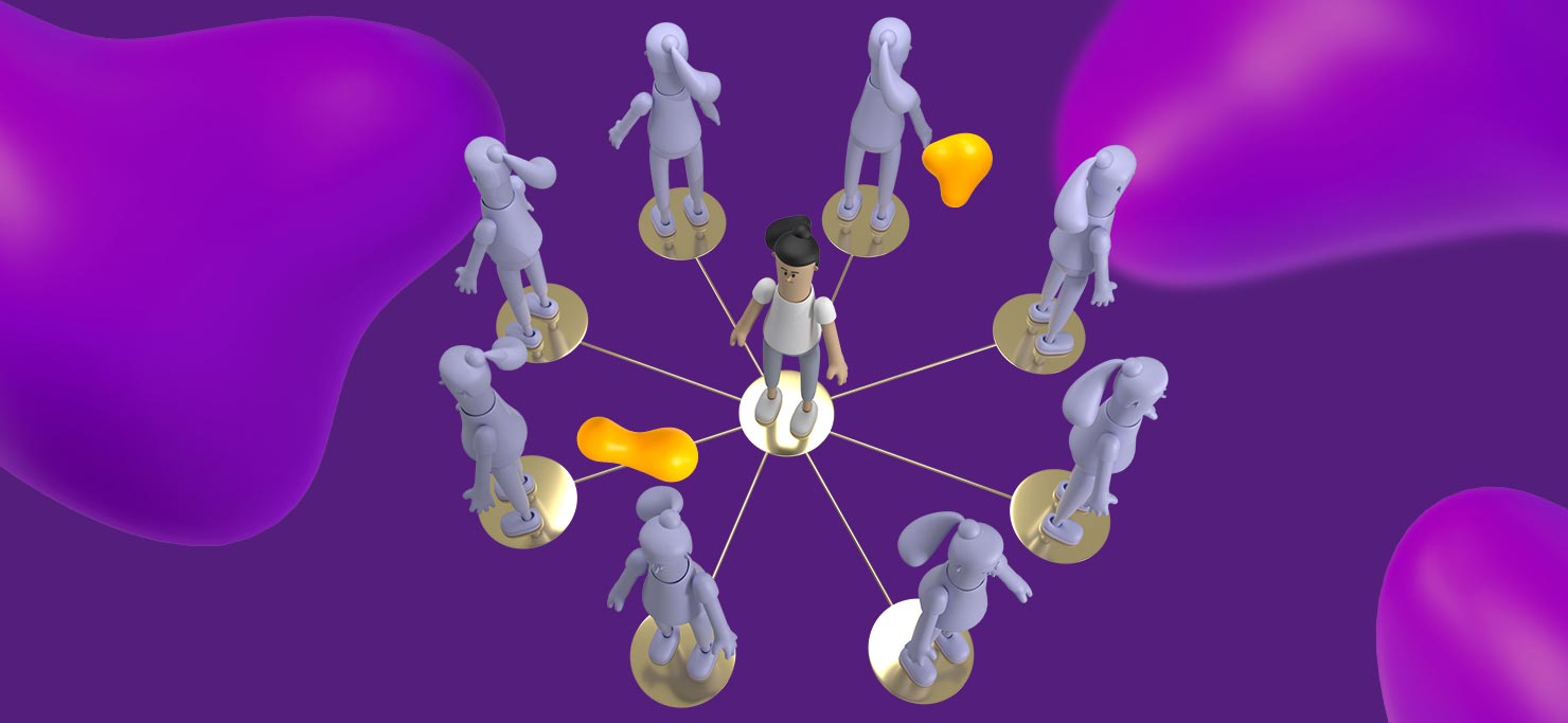 A 3D illustration of a man standing on a gold circle. He is surrounded by a network of others standing on their own circles, connected to his by a gold line. 