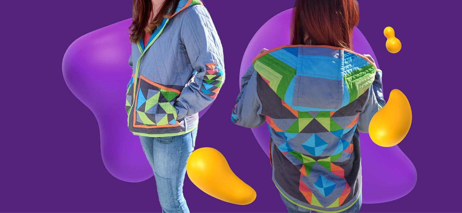 Woman wearing colorful quilted jacket.