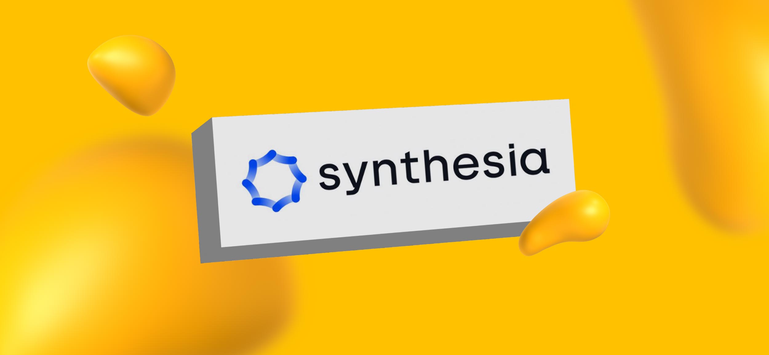 Synthesia logo in a yellow field surrounded by internal Designity blobs.