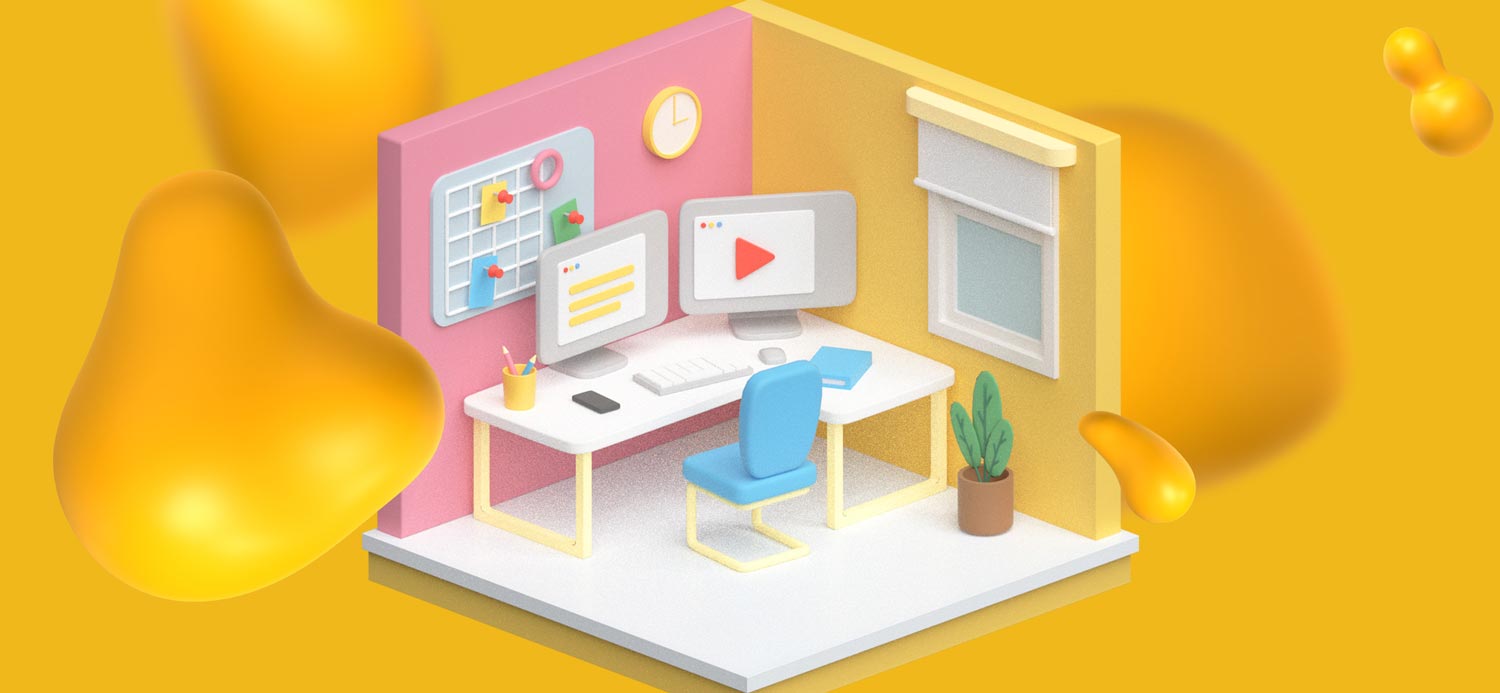 Someone's office workstation with two computer monitors on a desk. The office has a pink wall and a yellow wall.