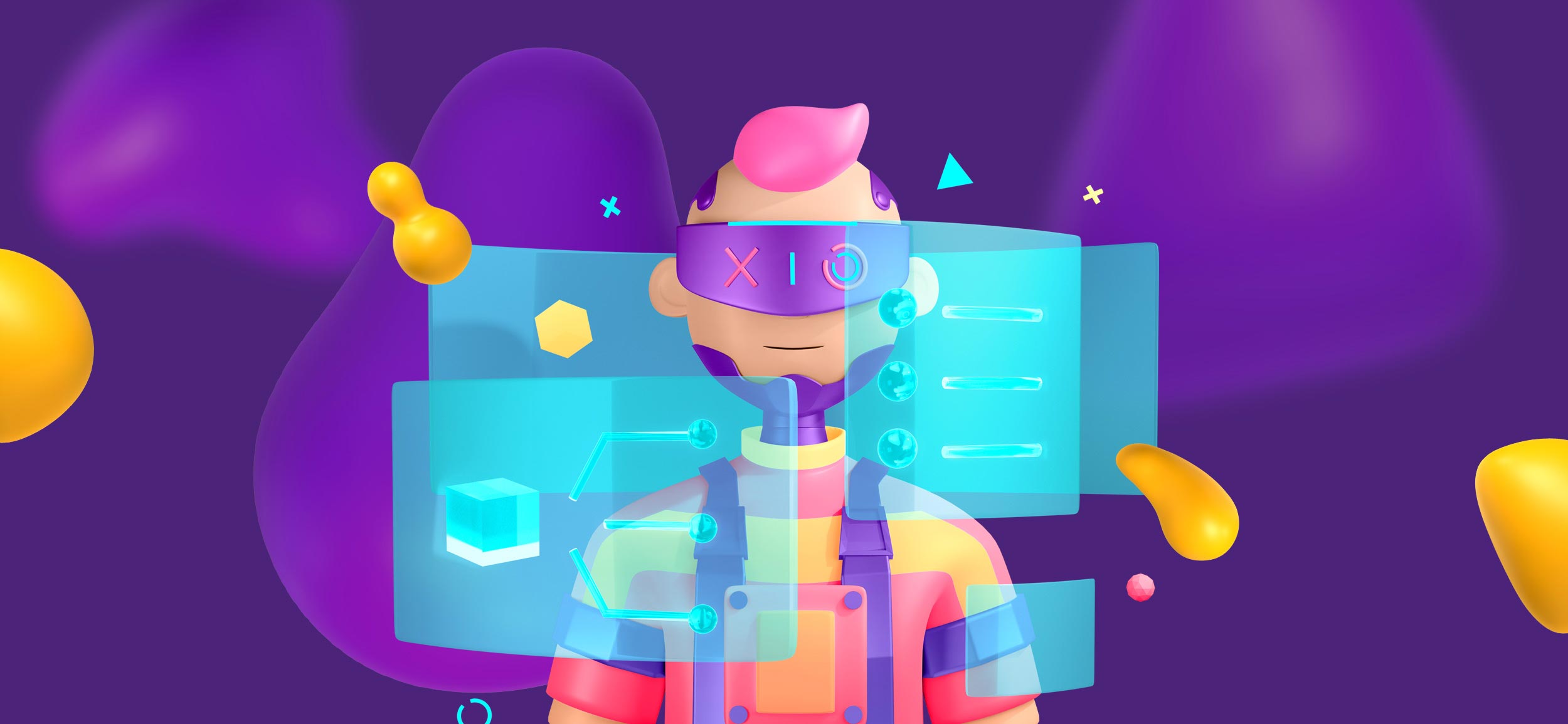 A man with pink hair and a futuristic headset, stares at floating transparent computer screens.